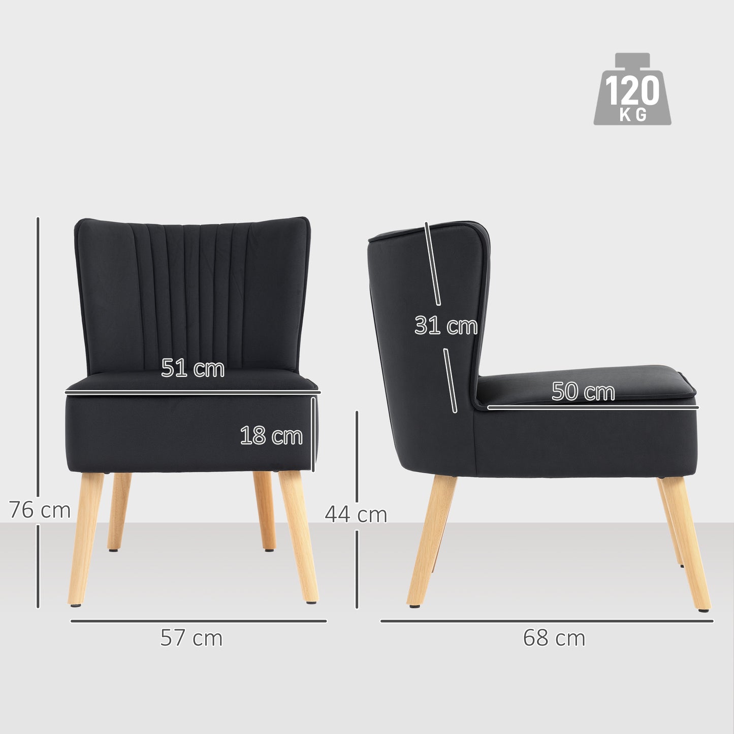 HOMCOM Modern Velvet Upholstery Accent Chair Armless Tub Chair With Rubber Wood Legs Thick Padding Black