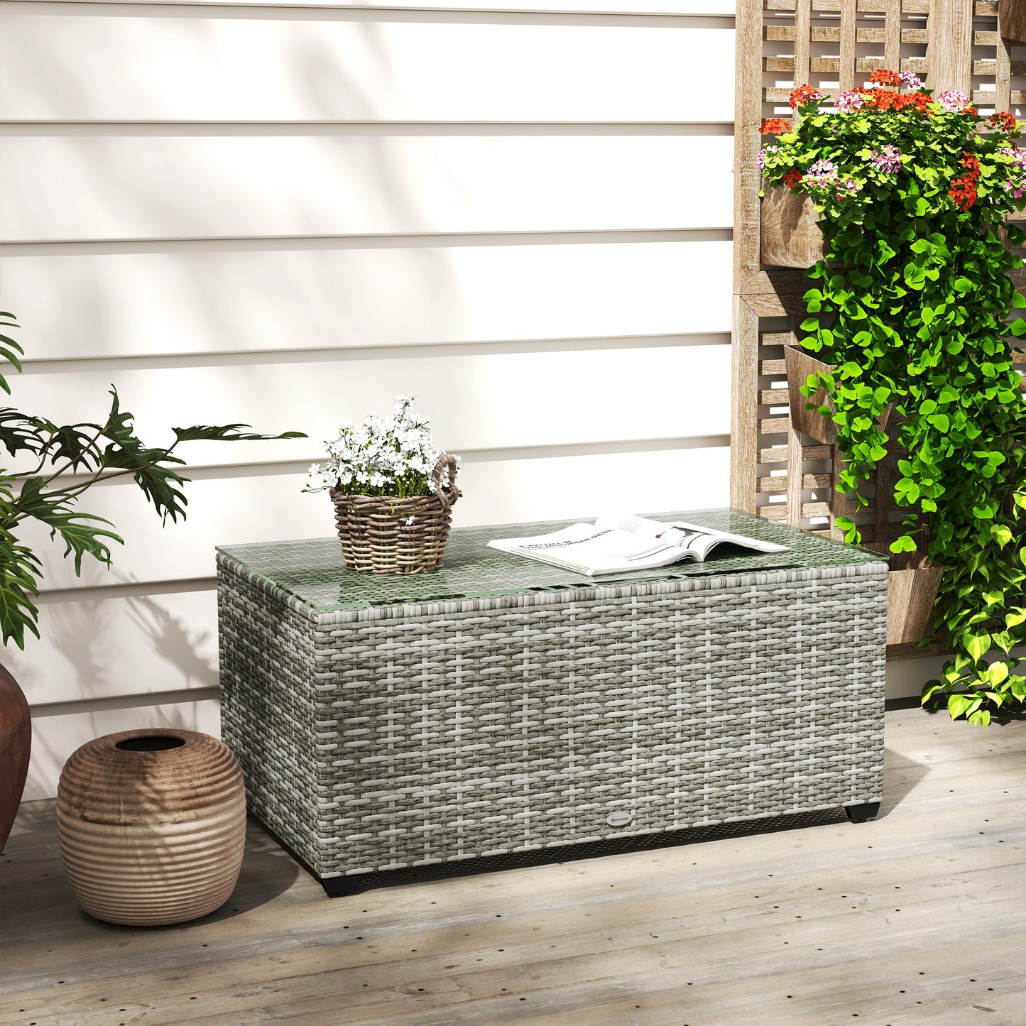 Outsunny 90 x 50 cm Tempered Glass Top Rattan Side Table Light Grey Garden Furniture