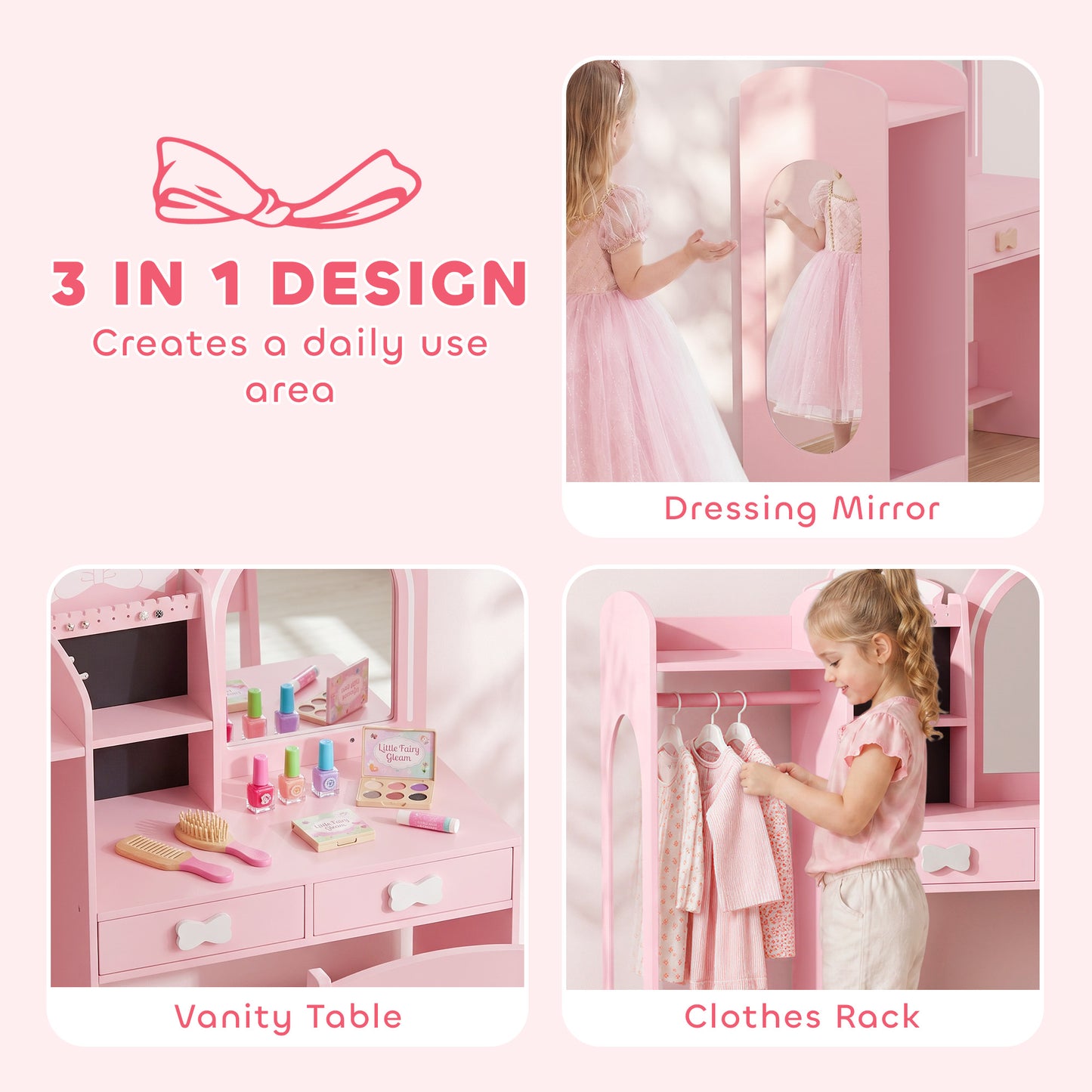 Aiplay Girls Dressing Table With Stool And Dual Color Light Mirror