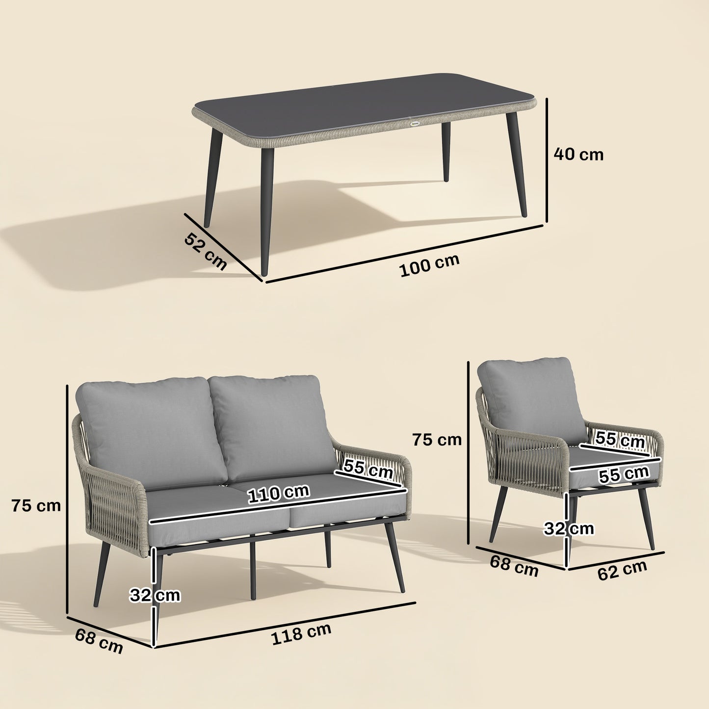 Outsunny Rattan Garden Furniture Set 4 Piece Outdoor Patio Set With Tempered Glass Table And Cushioned Chairs