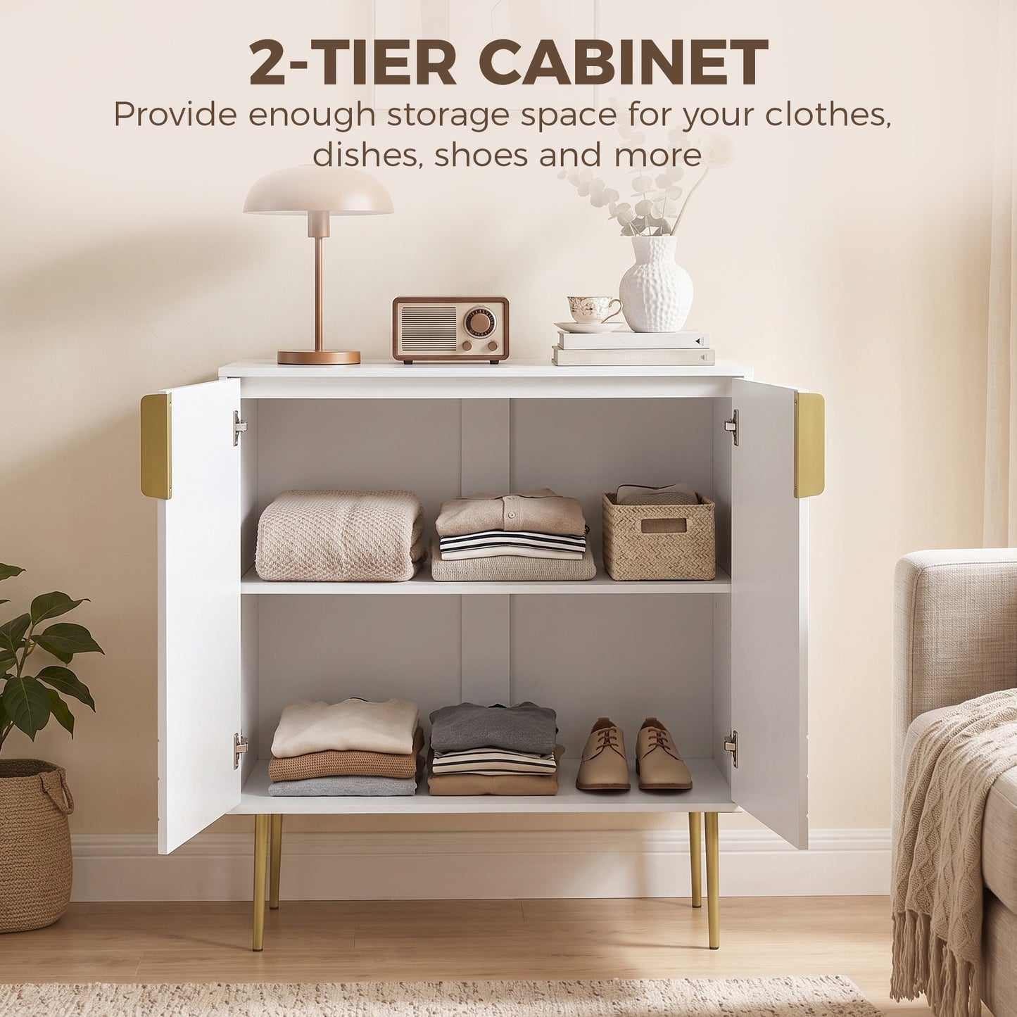 HOMCOM Modern Kitchen Cupboard With 2 Doors And Adjustable Shelf White Storage Cabinet With Metal Legs