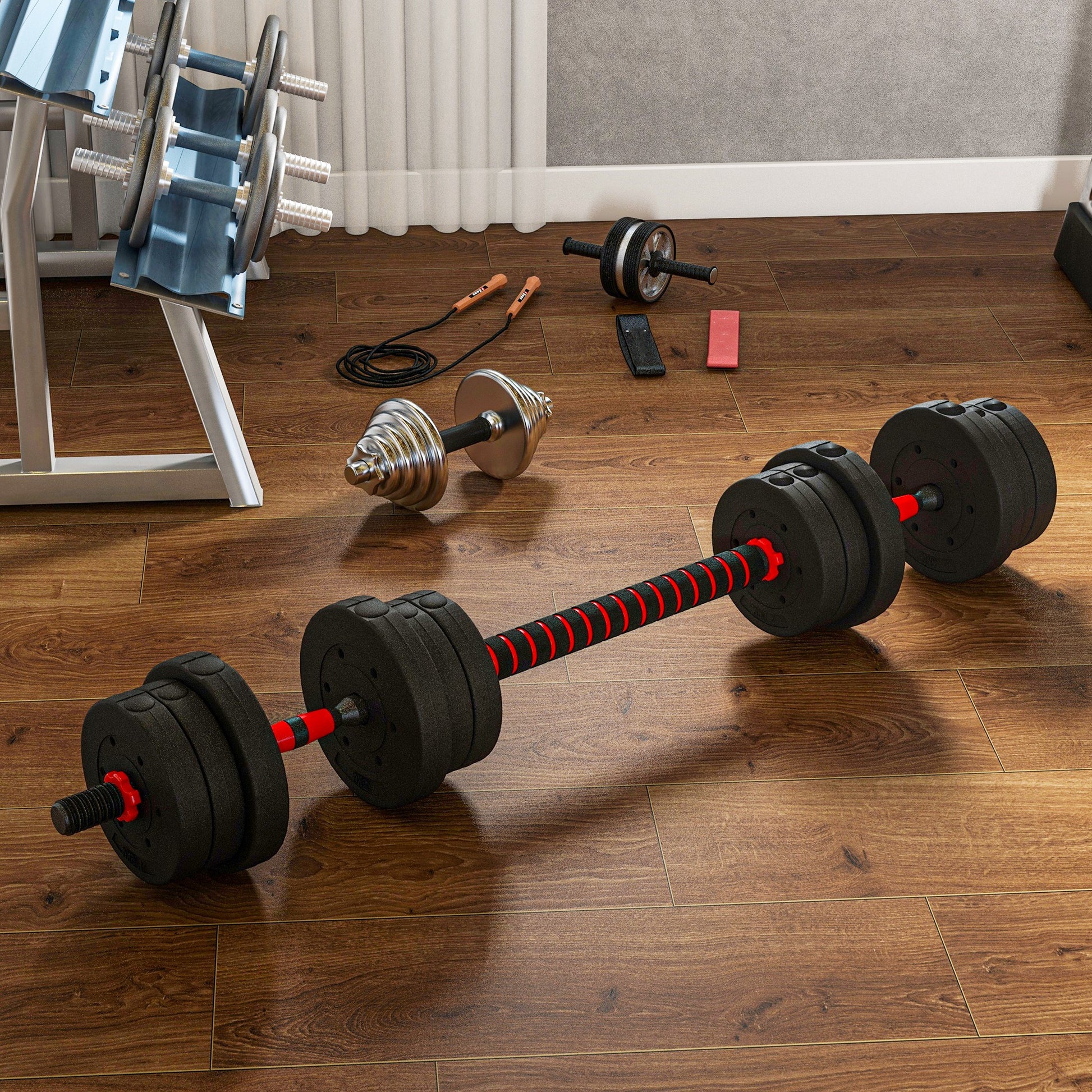 HOMCOM 20kg Versatile Adjustable Dumbbells and Barbell Weight Set for Home and Gym Fitness, Black - ALL4U RETAILER LTD