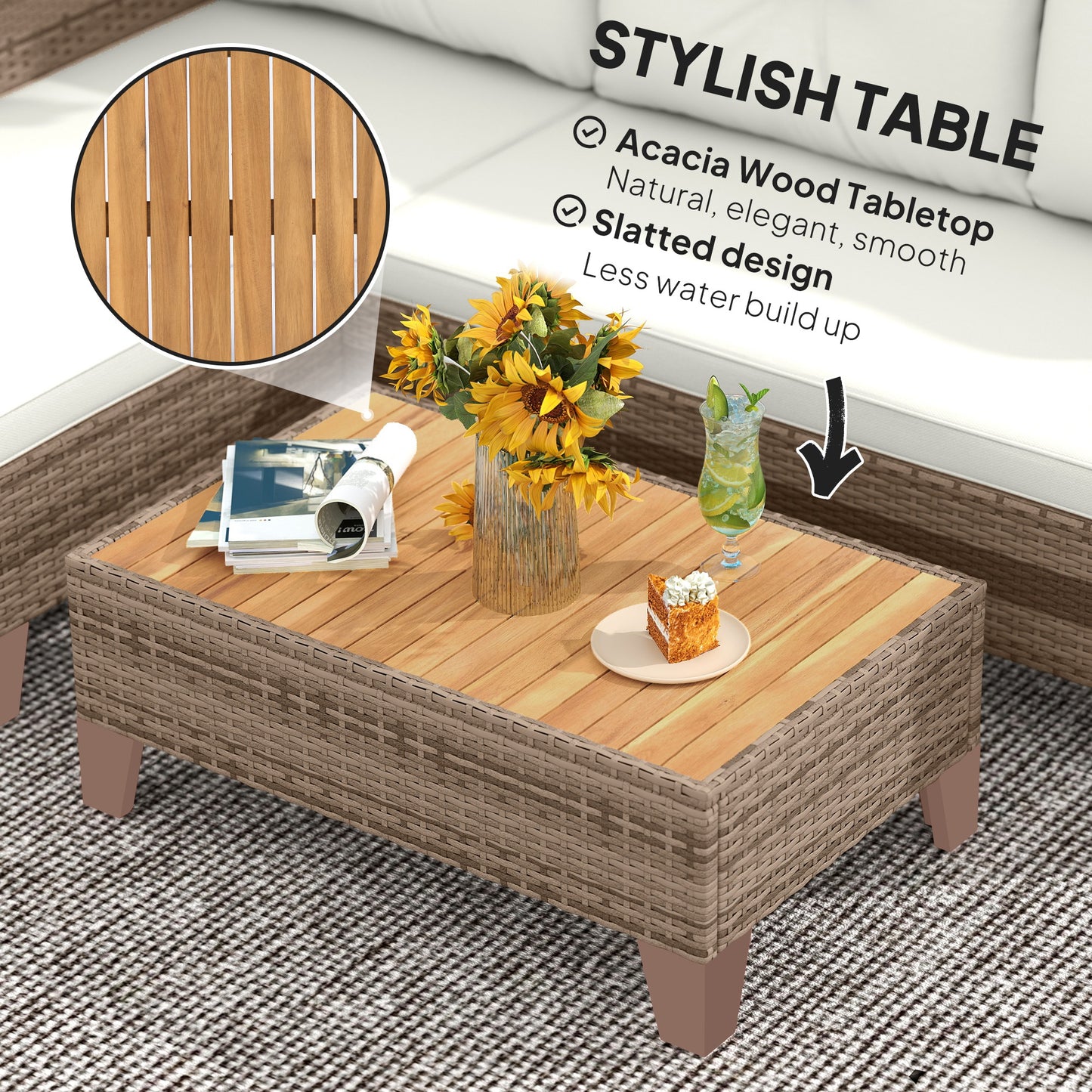 Outsunny 3 Piece Rattan Garden Furniture Set L Conversation Chaise Lounge With Wood Top Coffee Table And Cream Cushions