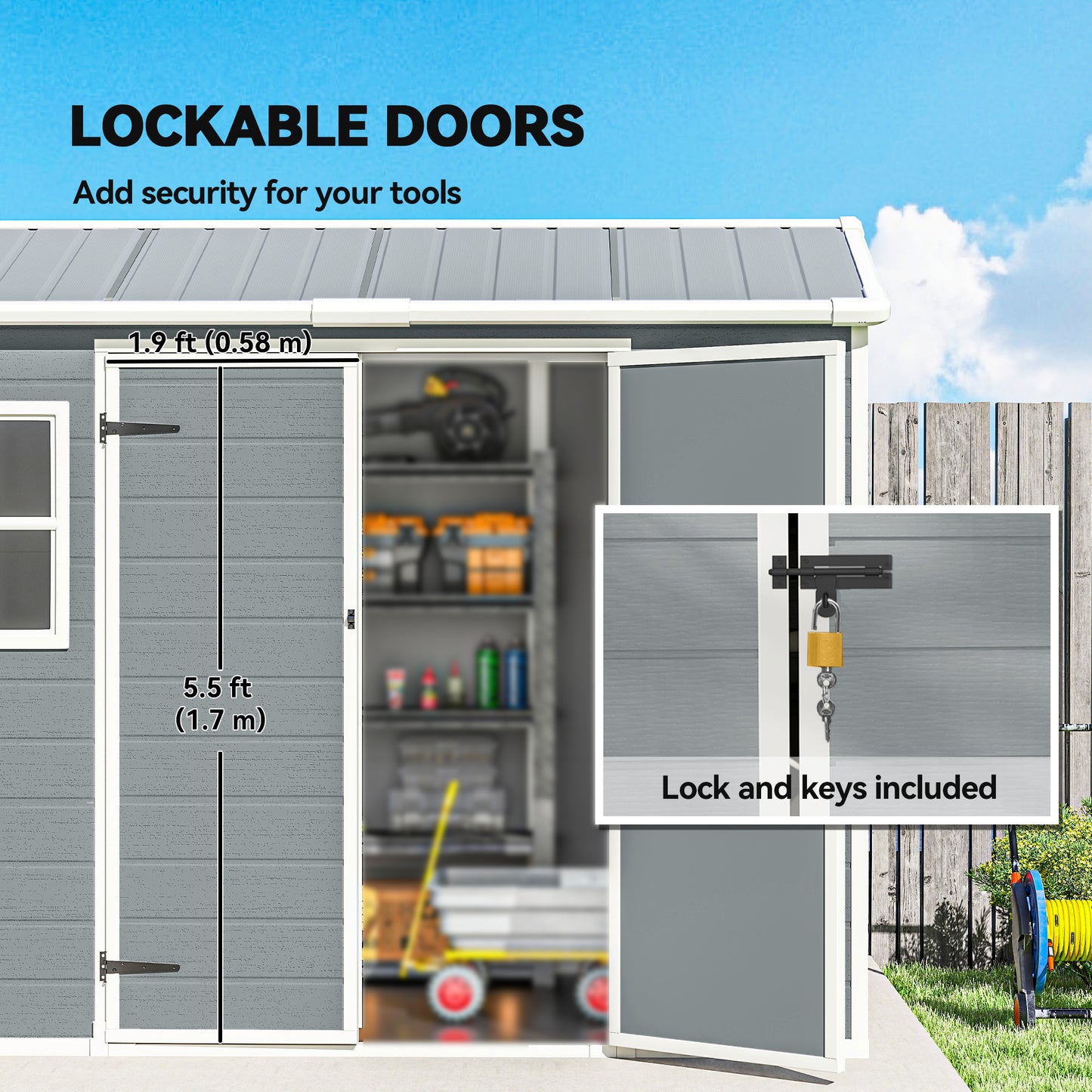 Outsunny 8x4 Ft Resin Garden Shed Wood-Effect Outdoor Storage Shed With Floor Windows Lockable Doors Vents Light Grey