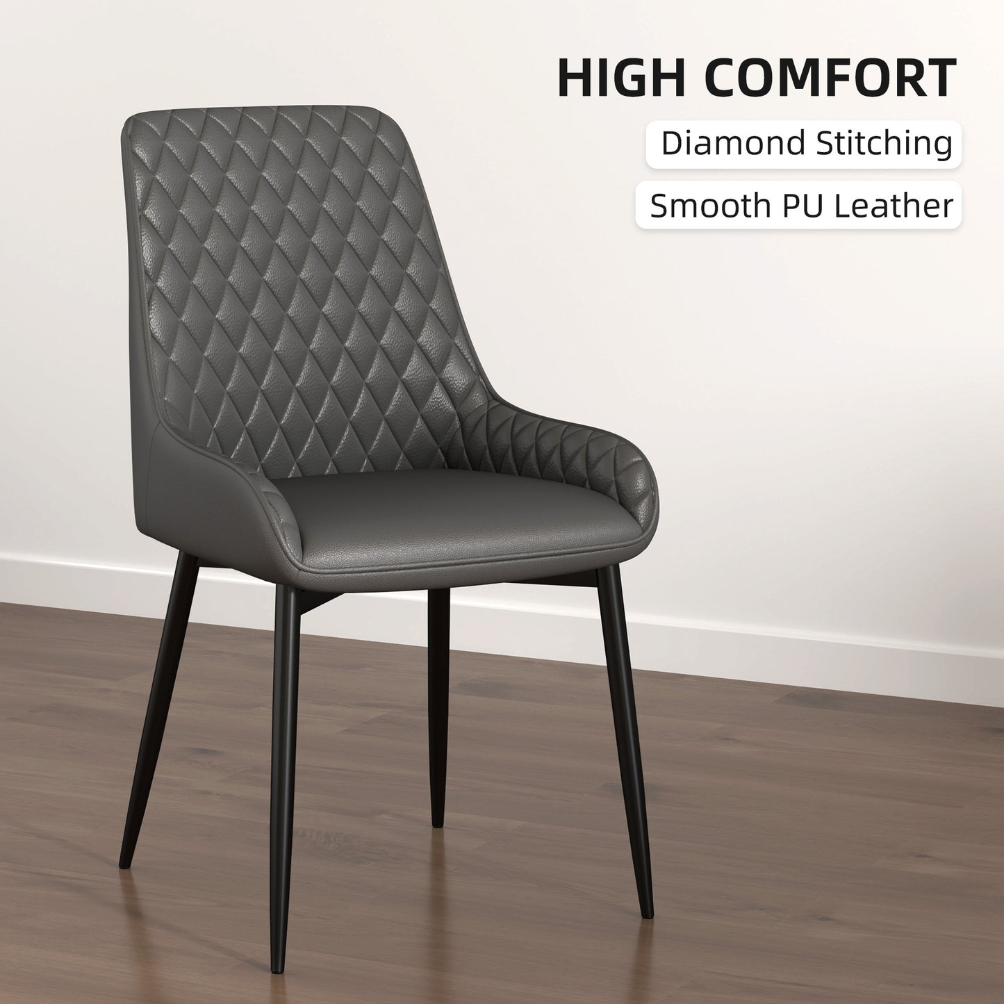 HOMCOM Set of 4 Quilted PU Leather Dining Chairs with Metal Frame and Foot Caps Grey