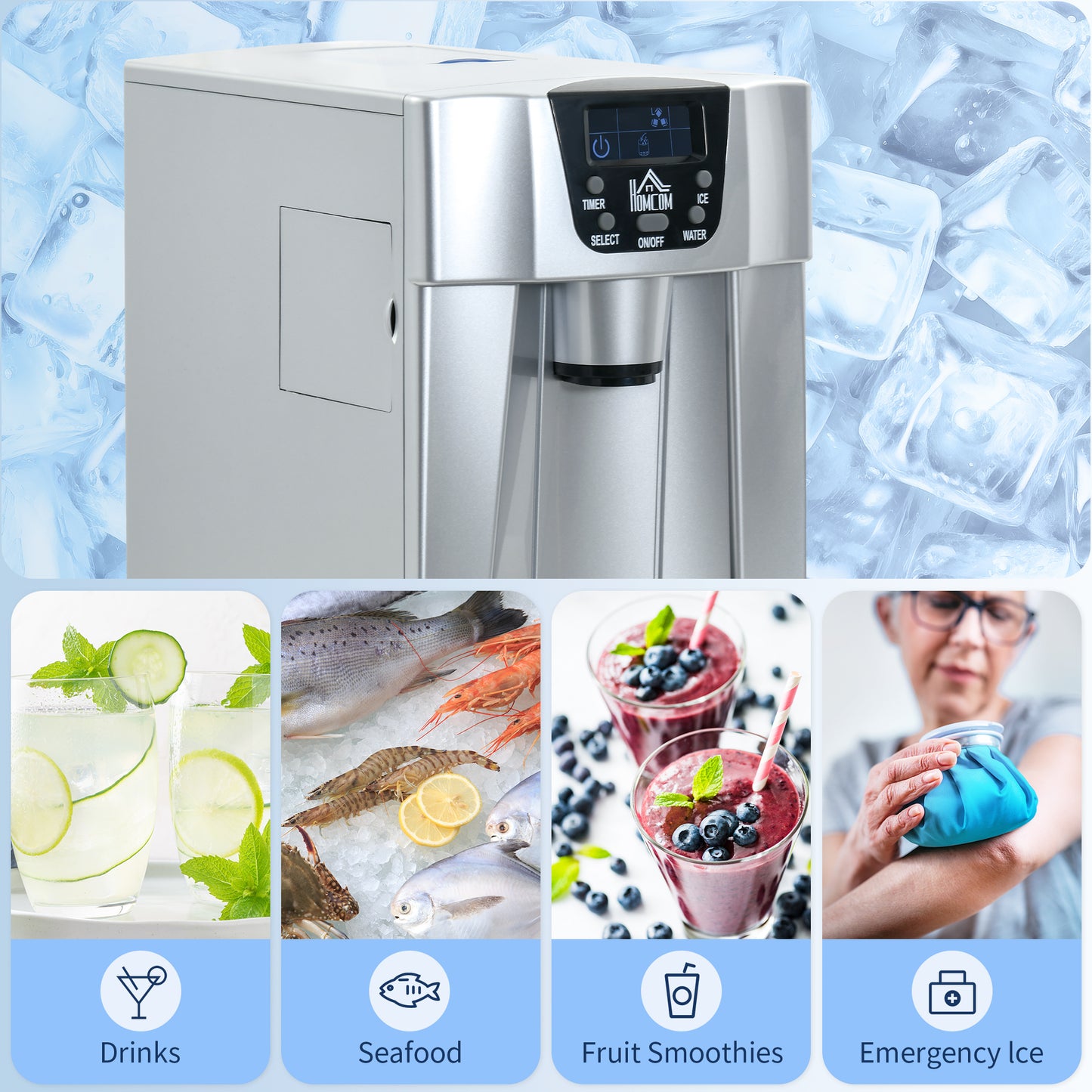 HOMCOM Portable Water Dispenser and Ice Maker Combo with 3L Tank, Customizable Cube Sizes, Up to 12kg Daily Production, No Plumbing Needed - ALL4U RETAILER LTD