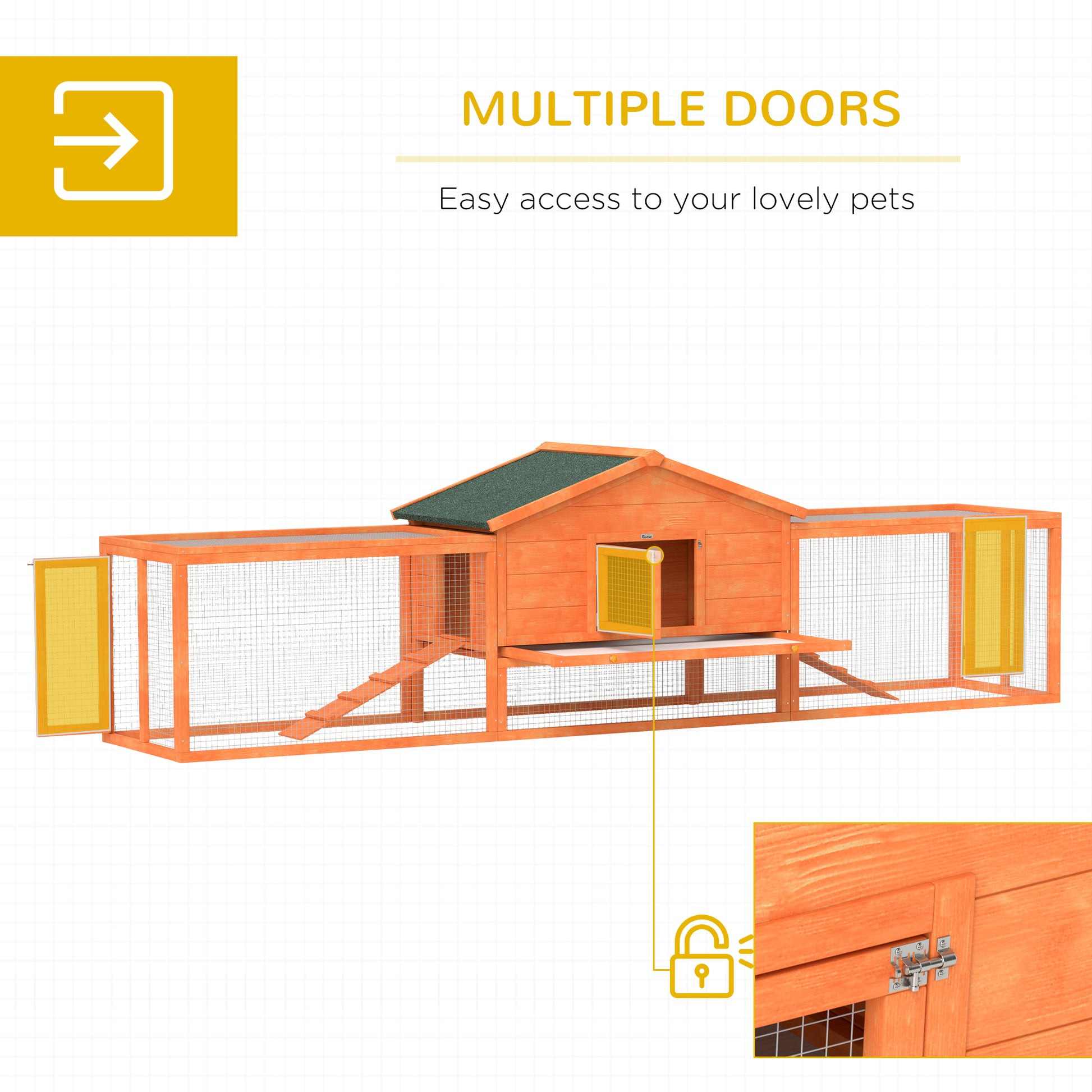 PawHut Wooden Rabbit Hutch with Enclosed Run, Easy-Clean Tray, Weatherproof Roof, 309 x 70 x 87cm, Vibrant Orange - ALL4U RETAILER LTD