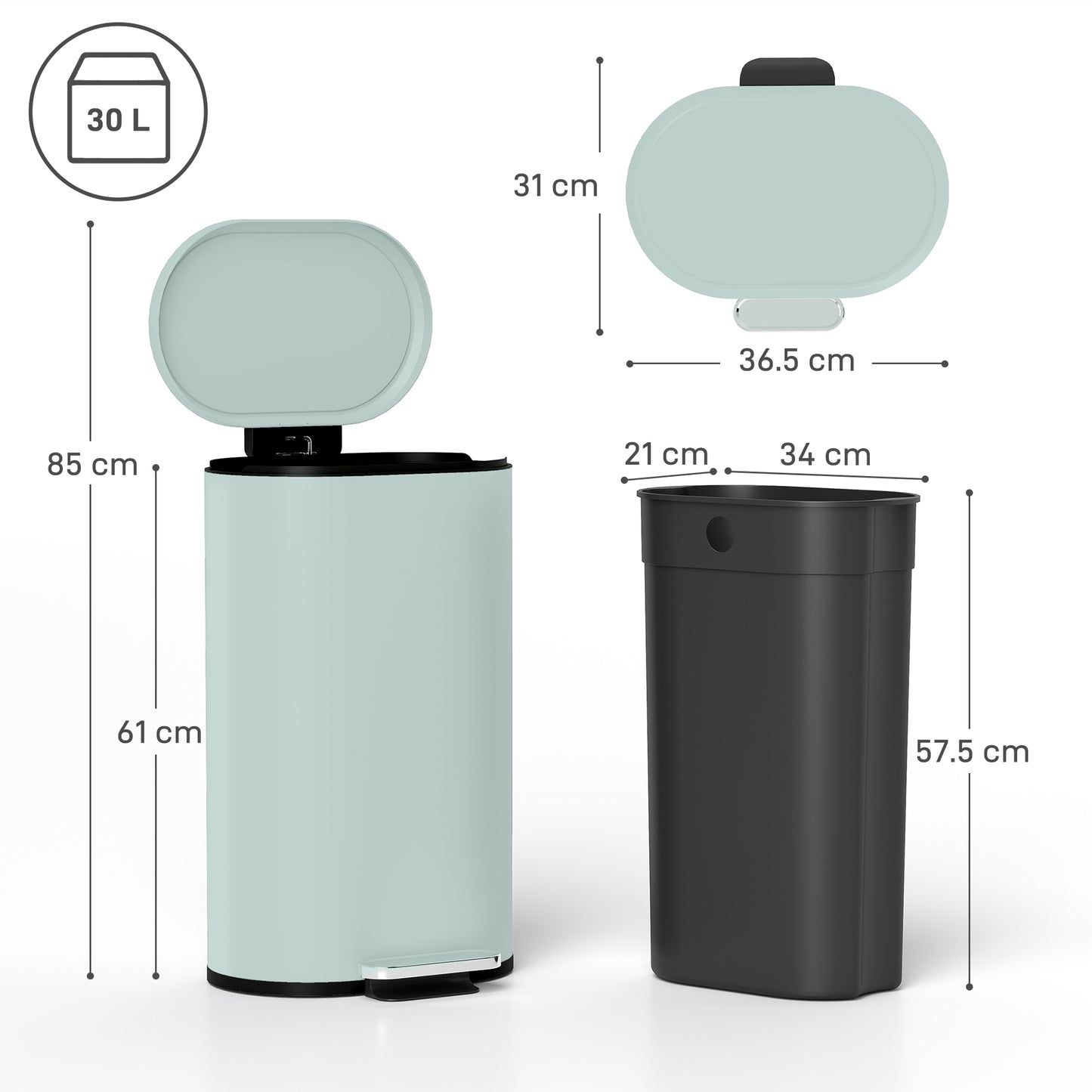 HOMCOM 30L Modern Curved Kitchen Pedal Bin With Soft Close Lid And Fingerprint Resistant Metal Green