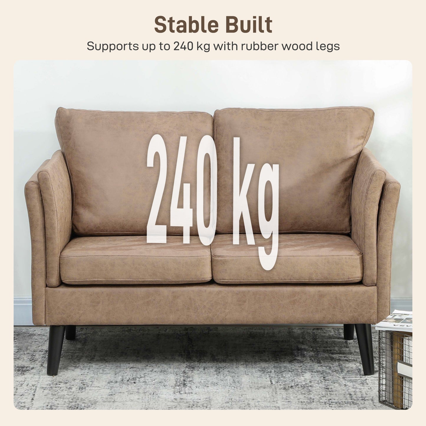 HOMCOM Leathaire Two Seater Sofa Loveseat Light Brown With High Density Foam Cushions