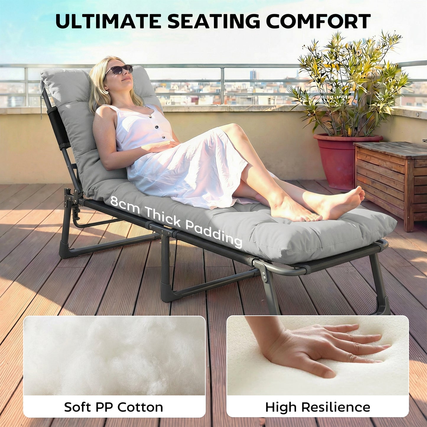 Outsunny Sun Lounger Cushions Set of 2 Light Grey Weather Resistant Replacement Pads with 4 Ties for Lounge Chairs