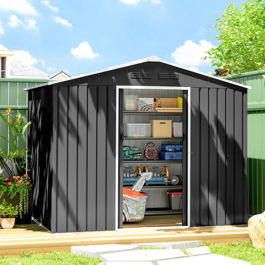 Outsunny 8x6ft Galvanised Steel Shed With Double Door Dark Grey For Garden Tools And Equipment