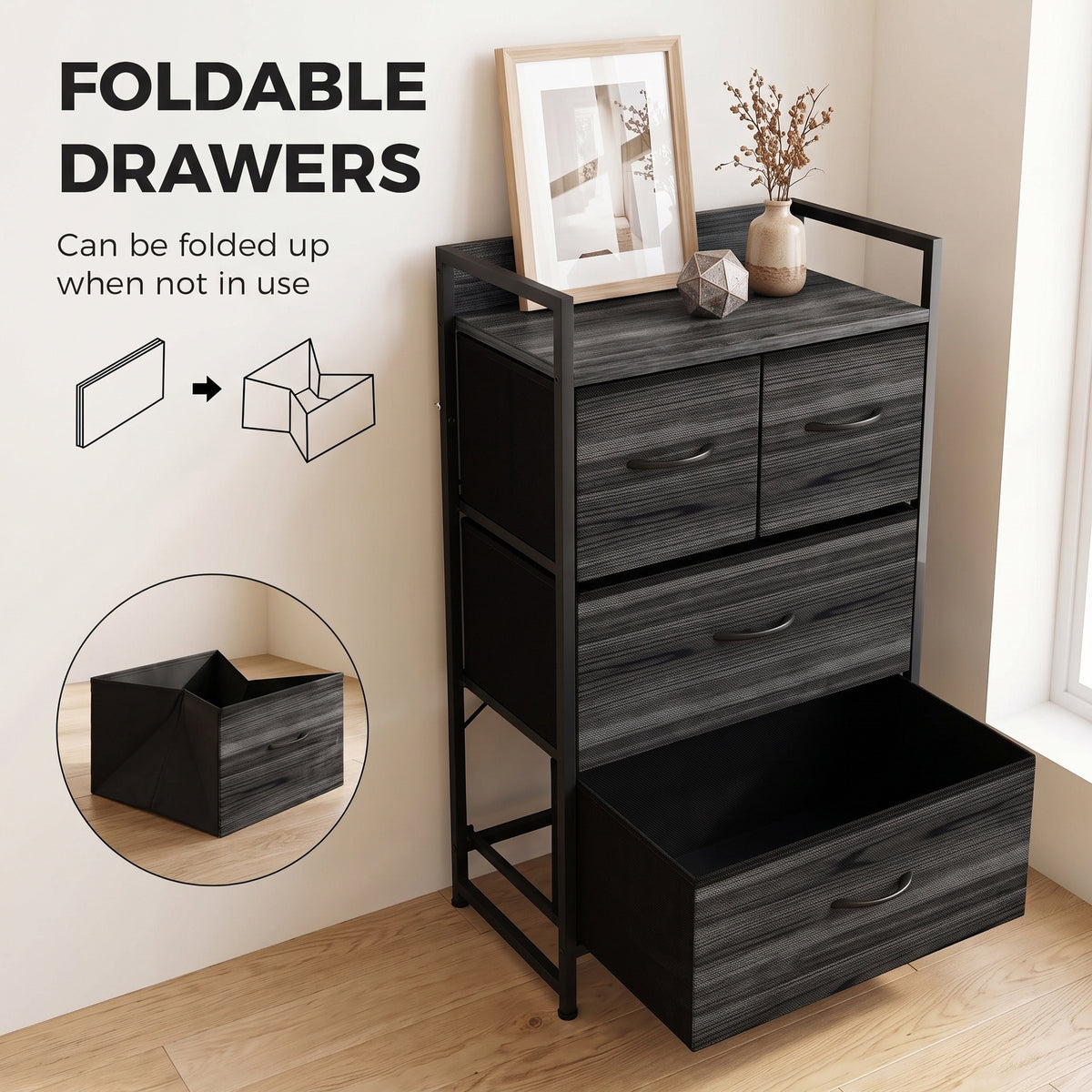 Black foldable drawer cabinet with four fabric drawers and top storage shelf