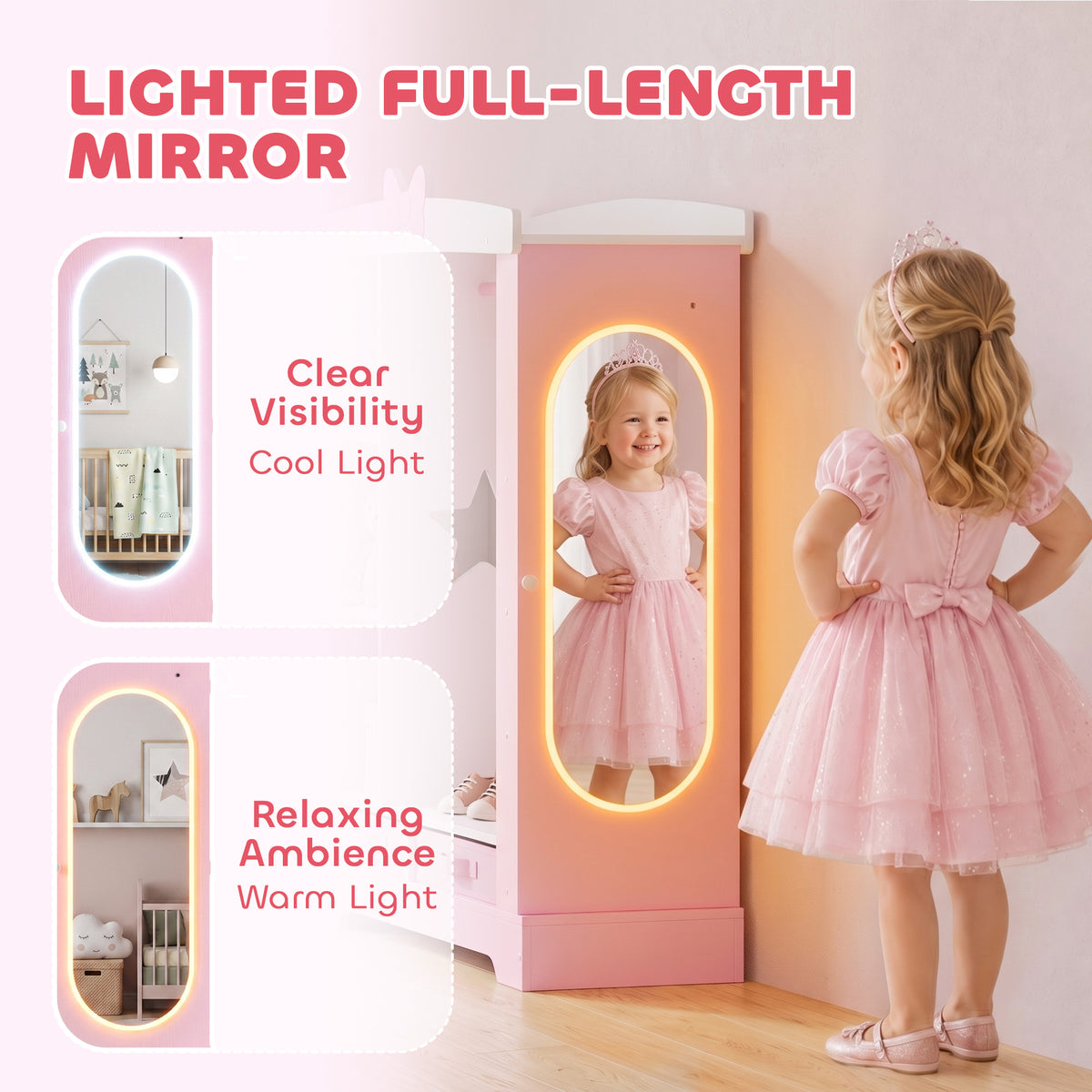 AIYAPLAY Kids Wardrobe With Lighted Mirror Pink Storage Cabinet For Bedroom
