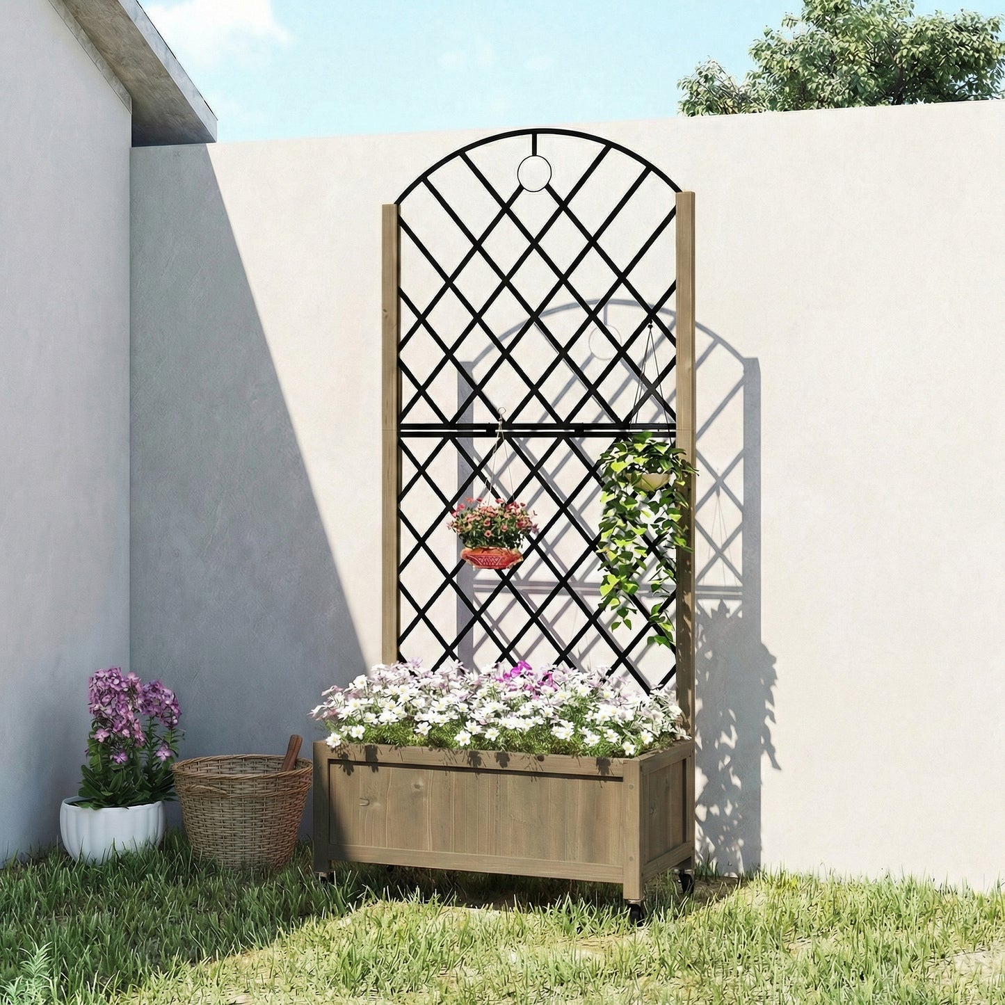 Outsunny Raised Garden Bed With Metal Trellis And Lockable Wheels Wooden Elevated Planter Box Outdoor Carbonised