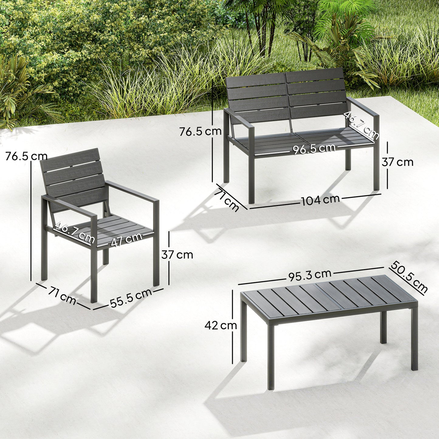 Outsunny 4 Piece Outdoor Garden Furniture Set HDPE Slatted Loveseat Armchairs Coffee Table Metal Frame Dark Grey