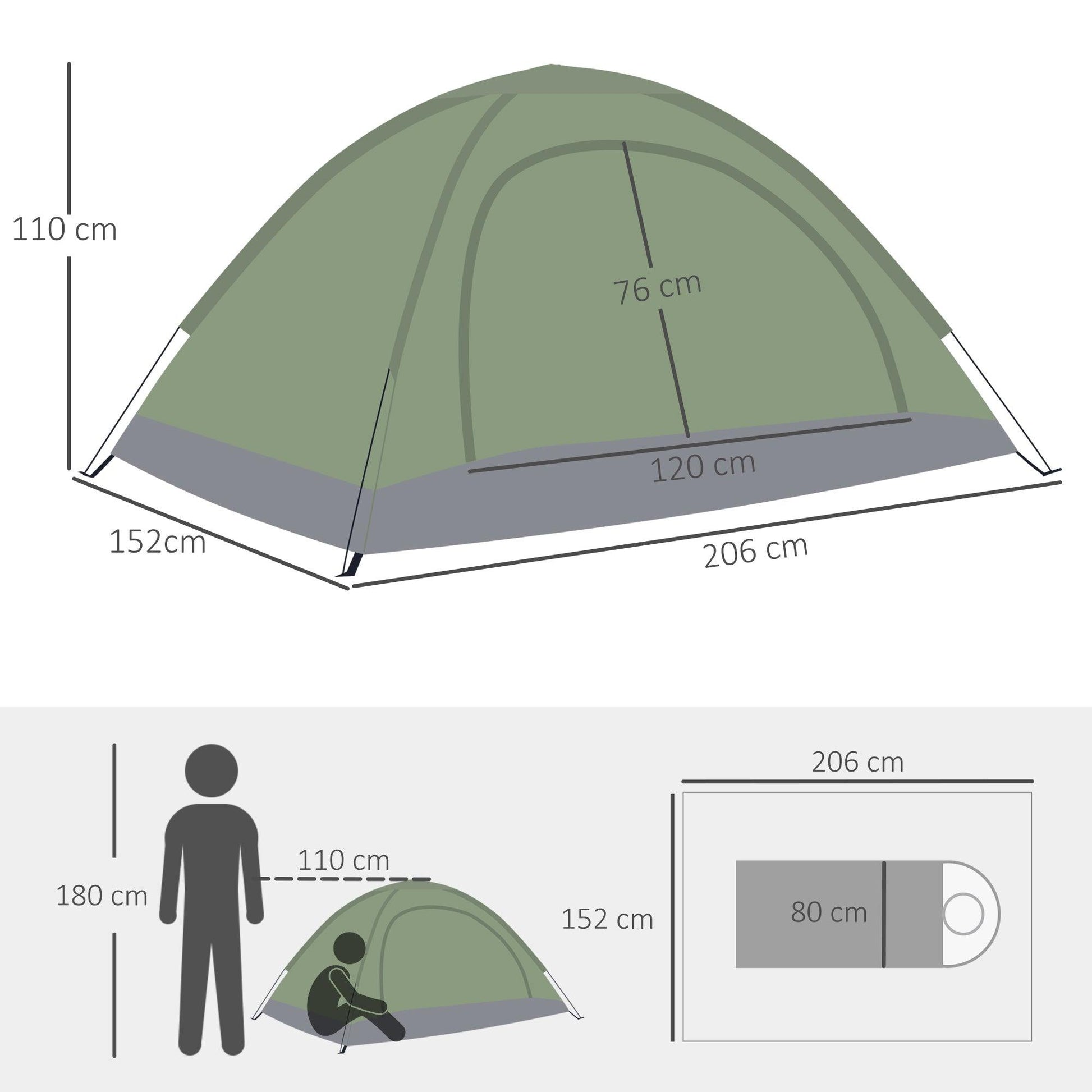 Outsunny 2 Person Camping Tent, Camouflage Tent with Zipped Doors, Storage Pocket, Portable Handy Bag, Dark Green - ALL4U RETAILER LTD