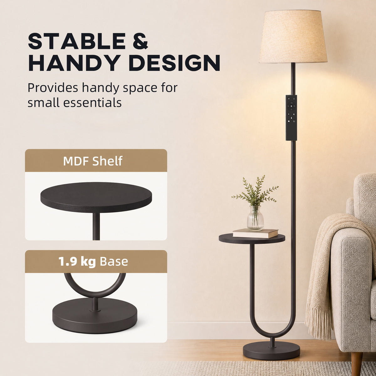 Dimmable floor lamp with linen shade, curved U stand, and small round side shelf