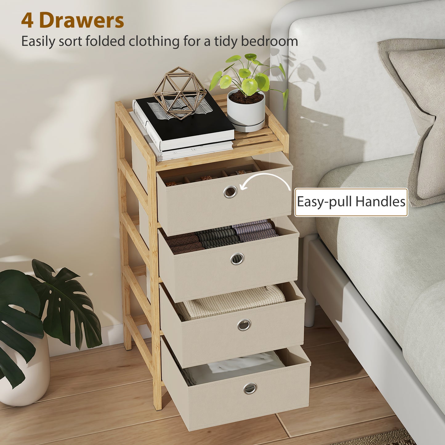 HOMCOM Chest Of Drawers With Bamboo Frame And Four Fabric Drawers Narrow Dresser Cream White
