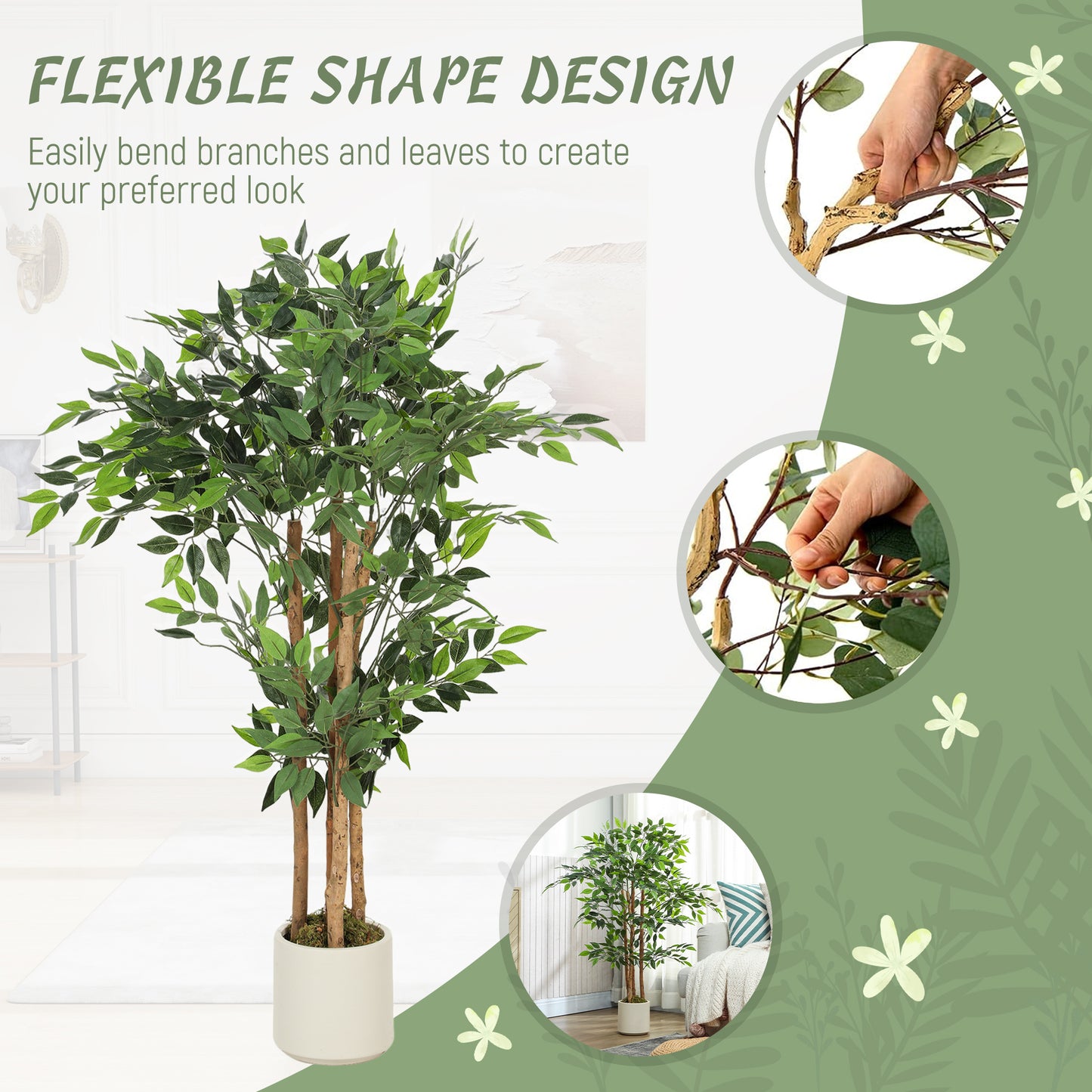 HOMCOM 120cm Artificial Ficus Tree With Solid Wood Trunk And Potted White Pot For Indoor Use Real Touch PEVA Leaves Green