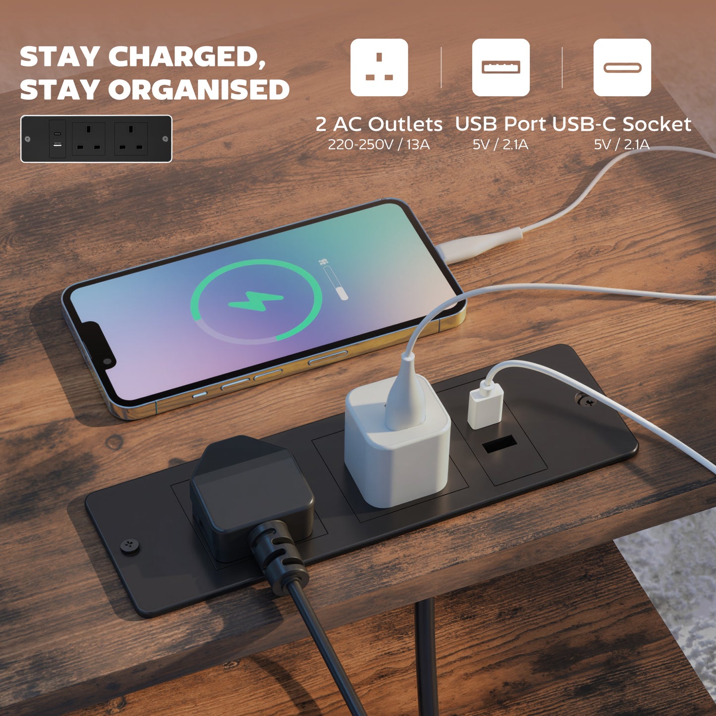 HOMCOM Bedside Table With Charging Station USB Ports Power Sockets Rustic Brown Nightstand With Storage