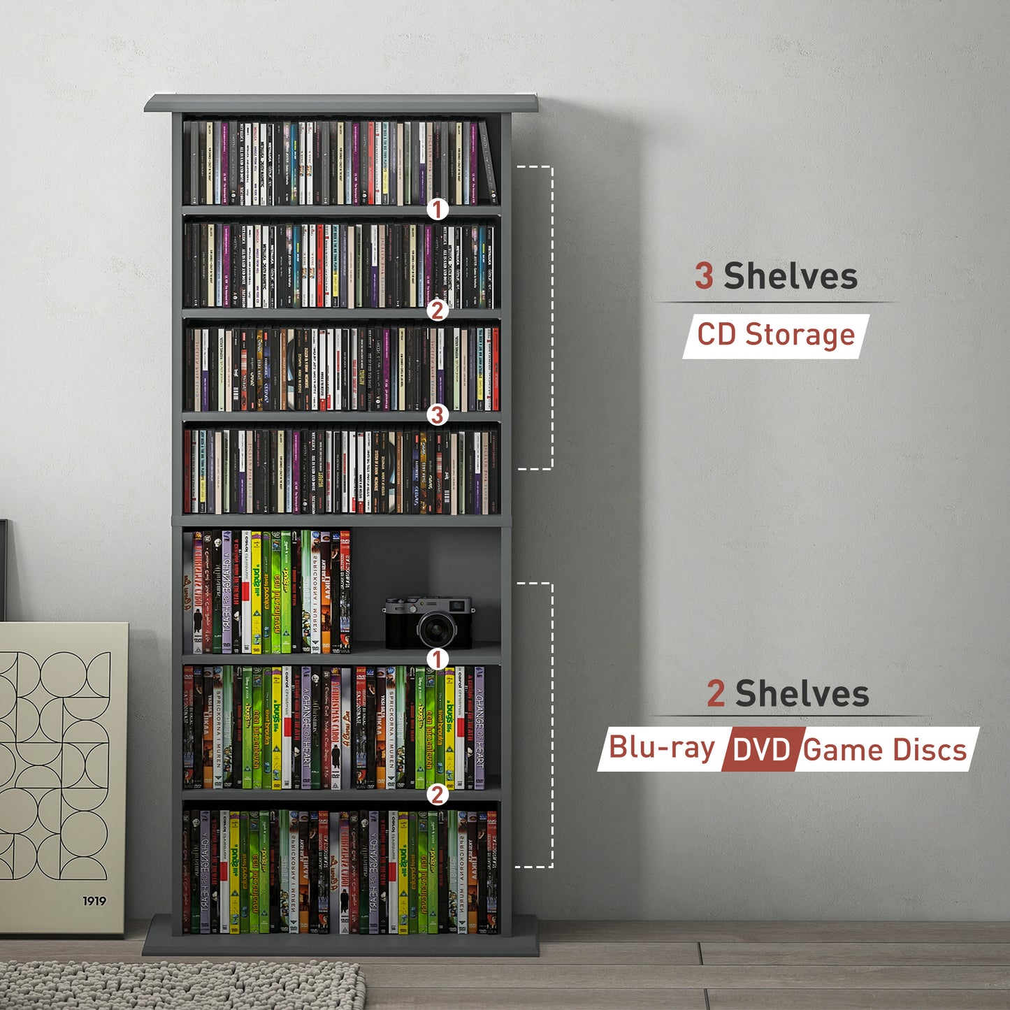 HOMCOM 360 CD Storage Unit Grey Tall Wall Mounted Multimedia Shelf Eight Compartments for CDs DVDs Blu Rays