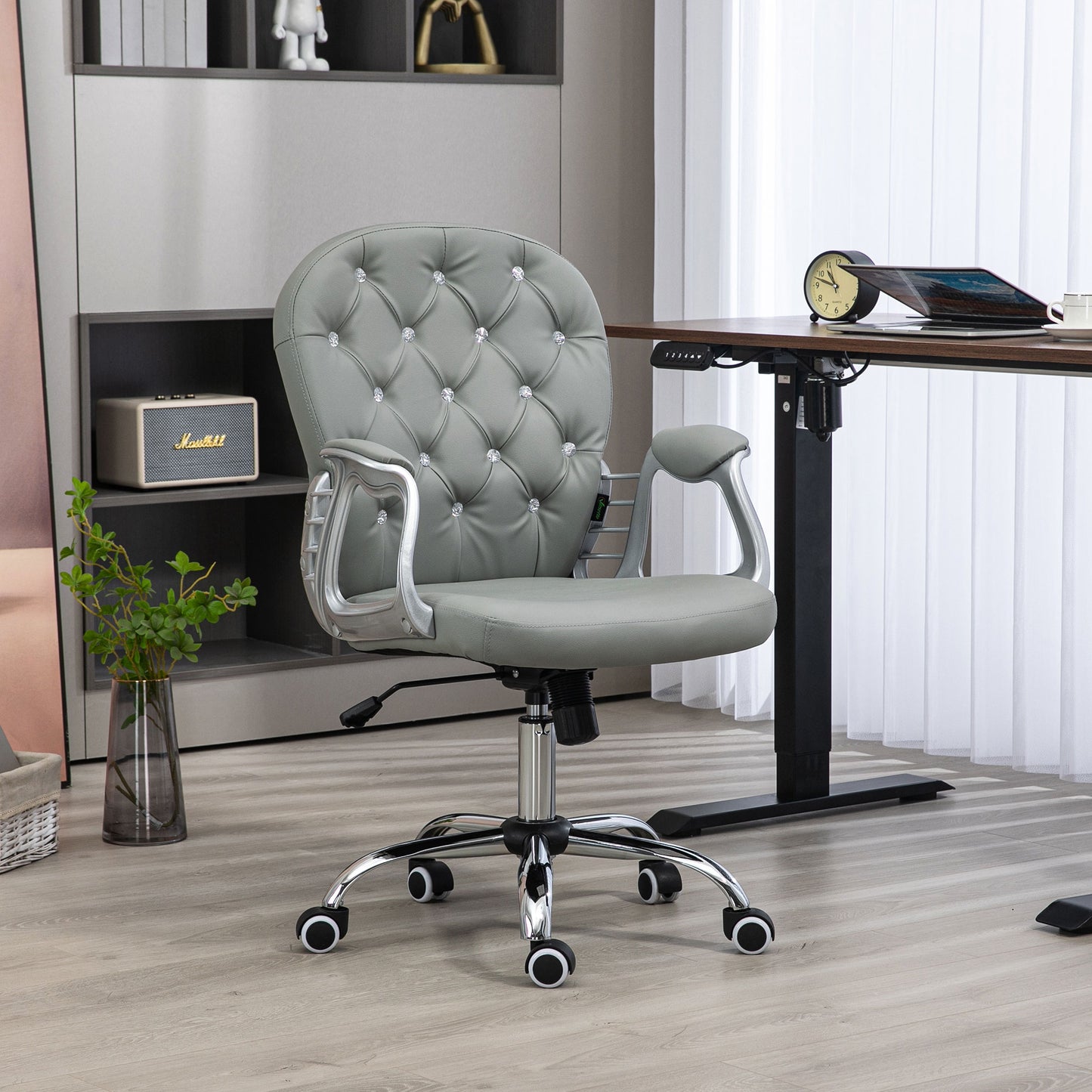 Vinsetto Glamorous Grey Ergonomic Office Chair with 360° Swivel and Diamante Detailing - ALL4U RETAILER LTD