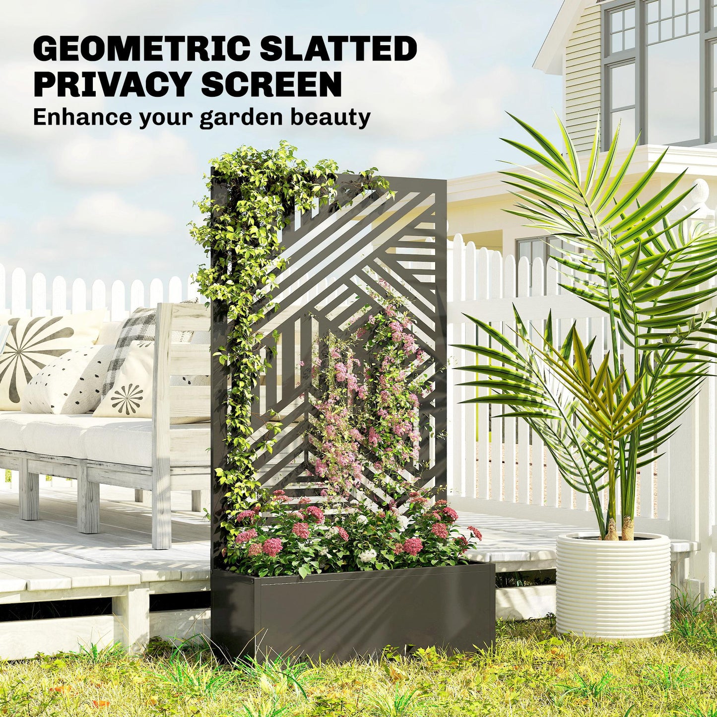 Outsunny Metal Raised Garden Bed With Trellis And Privacy Screen, Geometric Slatted Cut Out Planter Box