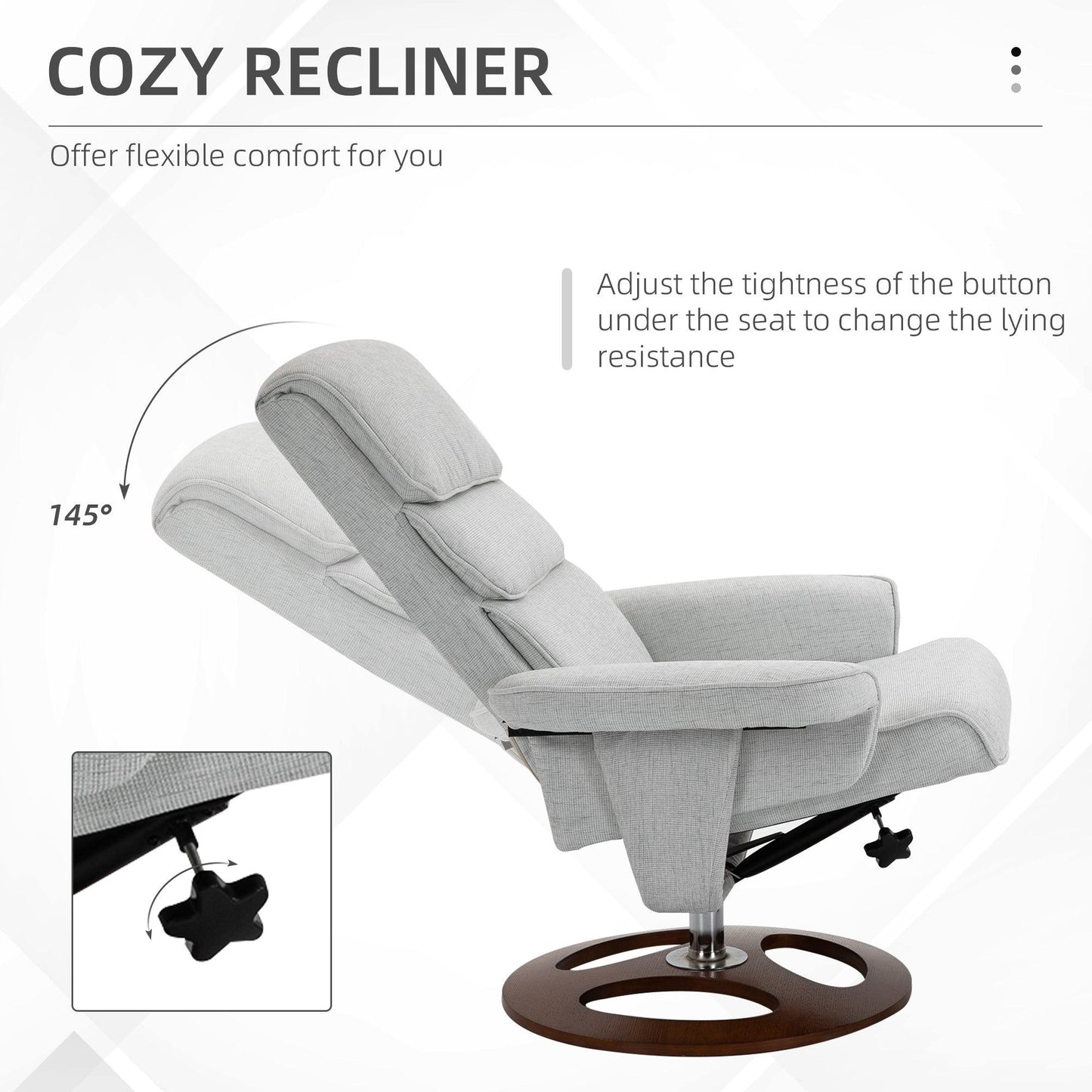 HOMCOM Recliner Chair Ottoman Set 360° Swivel Sofa Wood Base Grey - ALL4U RETAILER LTD