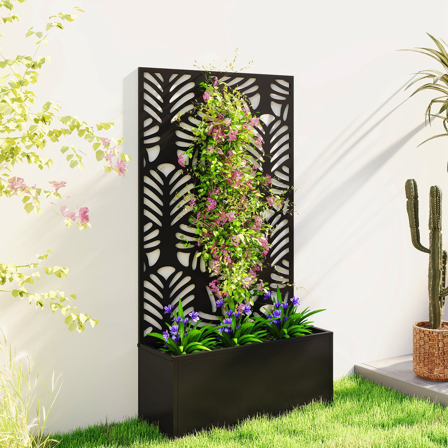 Outsunny Metal Garden Bed With Trellis Raised Planter For Wall Mounted Or Freestanding Privacy Screen 29L Soil