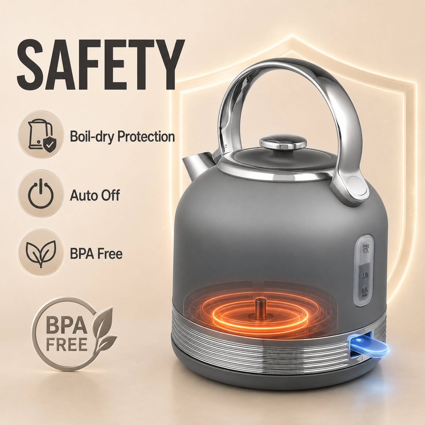 HOMCOM Grey Kettle And Toaster Set 1.7L Fast Boil 3000W 4 Slice Cordless Stainless
