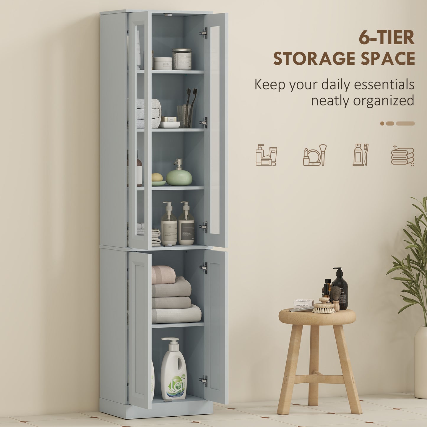 HOMCOM Tall Bathroom Storage Cabinet 6 Tier Slim Cabinet With Adjustable Shelf And Soft Close Doors Dusty Blue