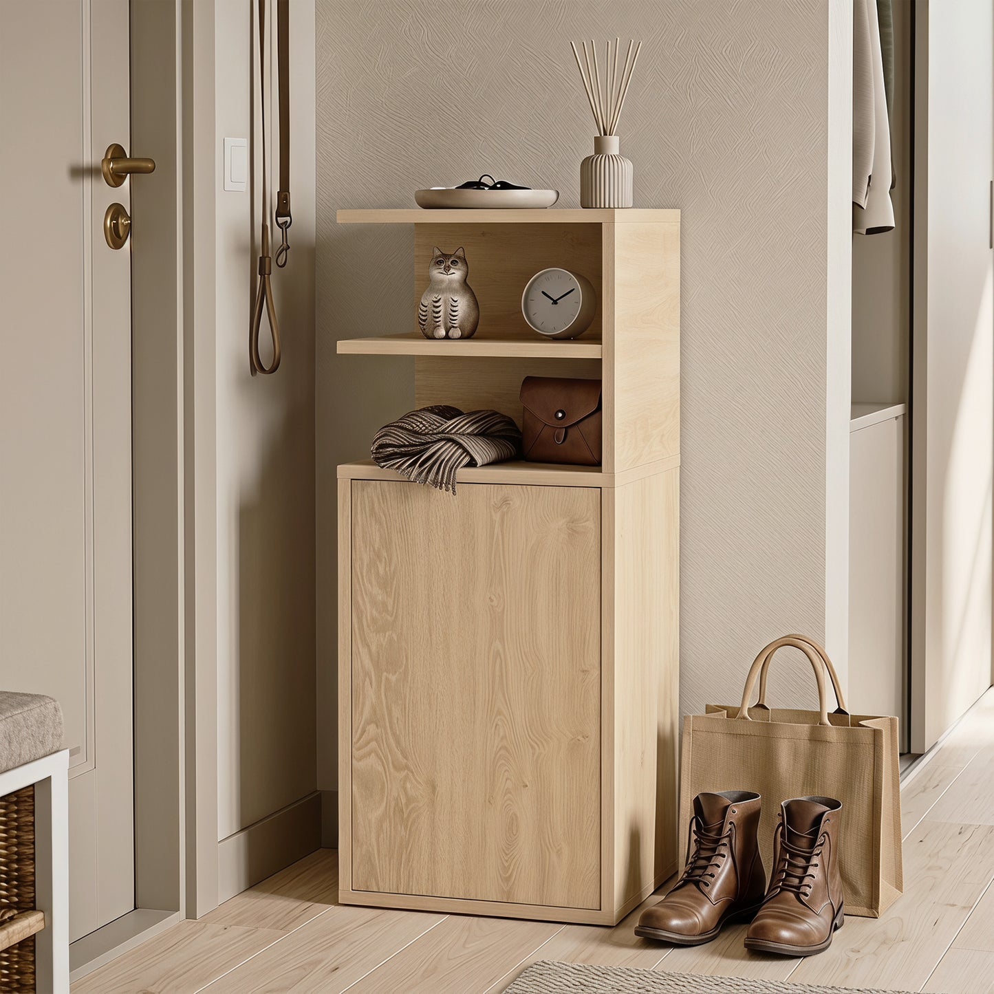 HOMCOM Slim Bedside Table Set Of 2 Narrow Cabinets With Open Cubbies And Cupboard In Oak Finish For Bedroom Living Room