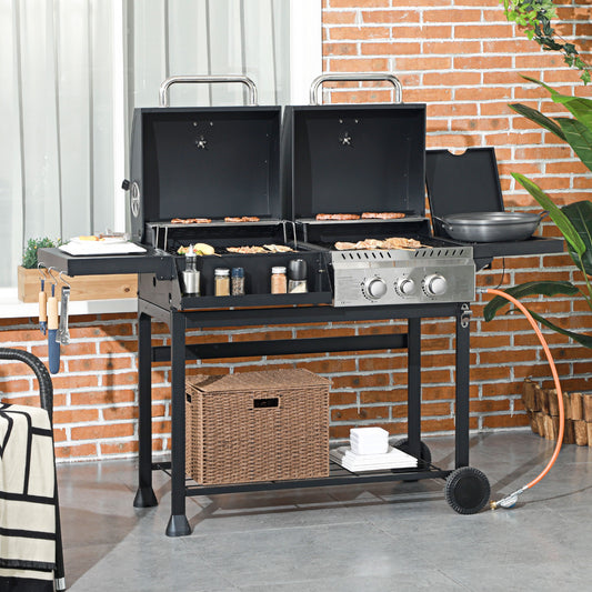 Outsunny Dual Fuel BBQ Grill Charcoal And Gas Combo With 2 Burner Gas Grill And Side Burner Black