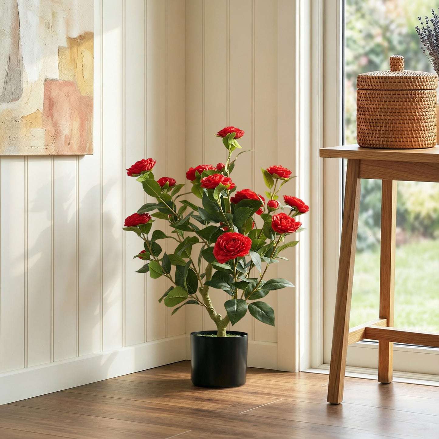 HOMCOM 65cm Artificial Camellia Flower Plant In Pot With 116 Lush Leaves And Moss Effect Red Silk Blossoms Weighted Base