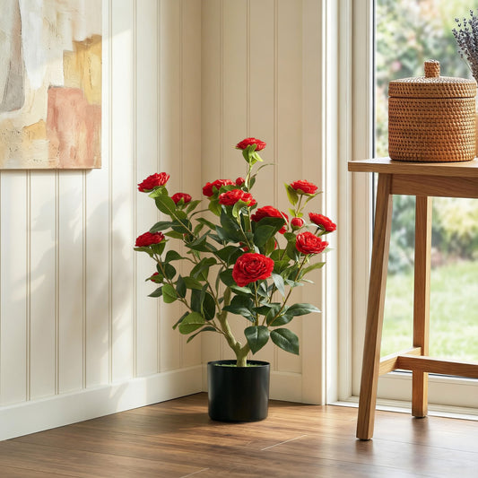 HOMCOM 65cm Artificial Camellia Flower Plant In Pot With 116 Lush Leaves And Moss Effect Red Silk Blossoms Weighted Base