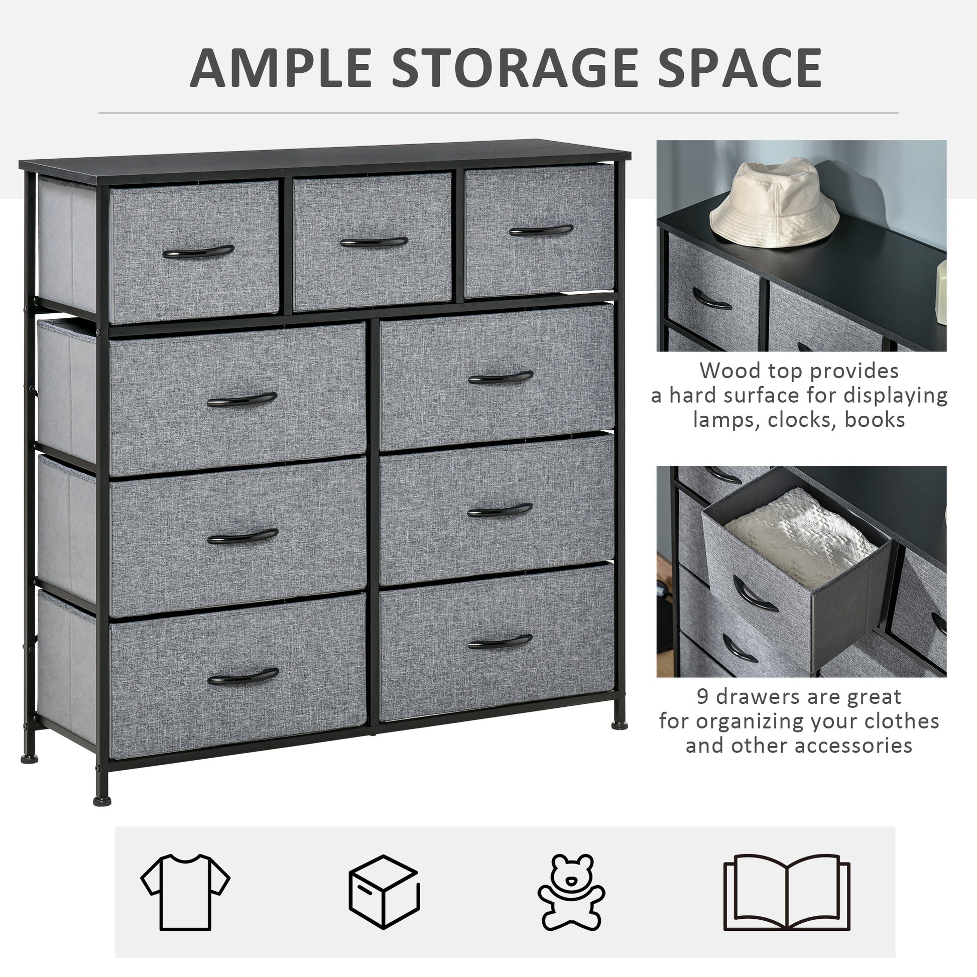 HOMCOM 9-Drawer Fabric Storage Chest with Easy-Pull Bins for Bedroom and Entryway - Black & Grey - ALL4U RETAILER LTD