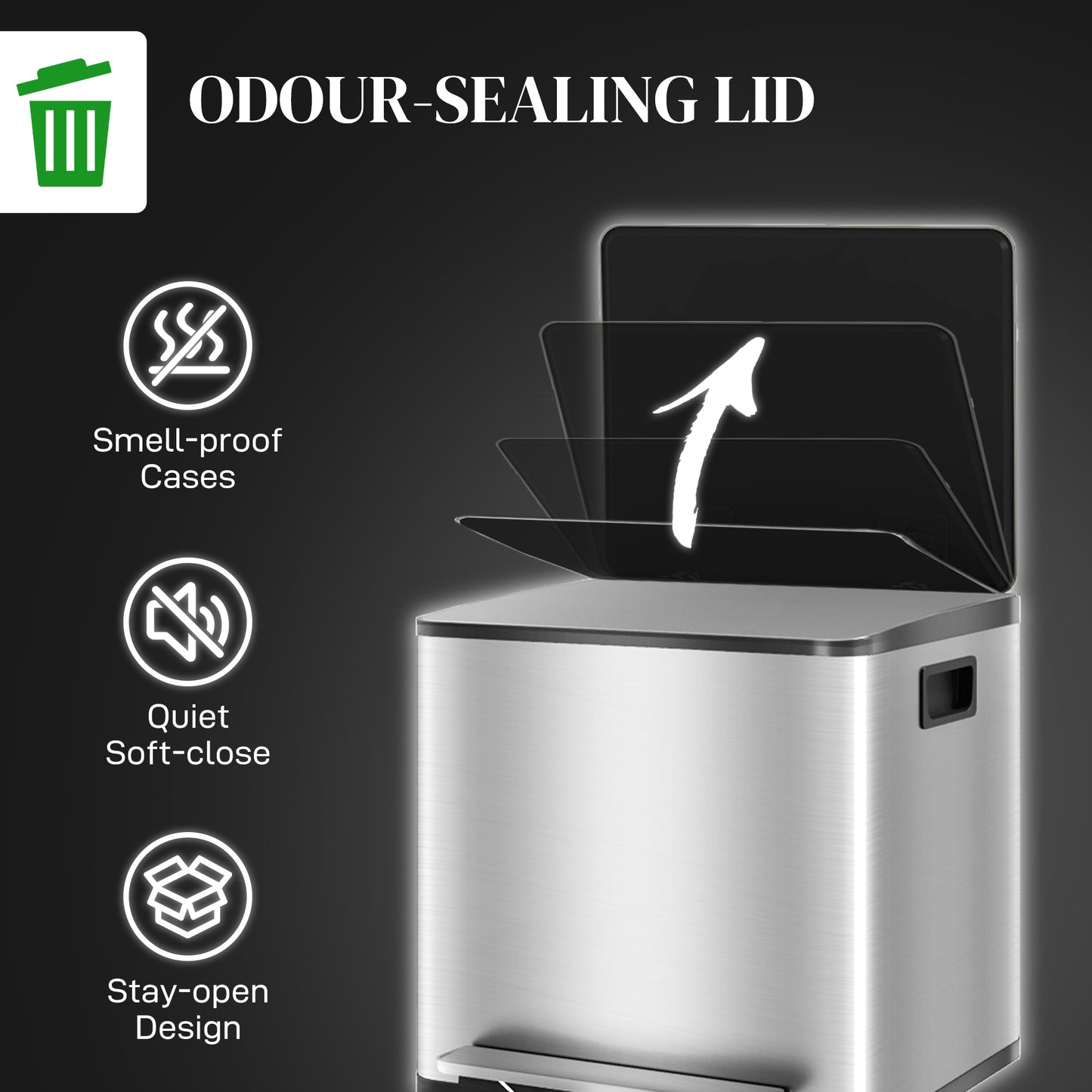Homcom 30L Dual Compartment Stainless Steel Bin With Deodoriser Holders Silver Tone