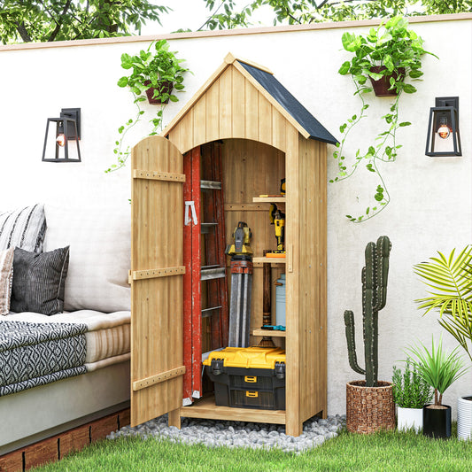 Outsunny Wooden Garden Storage Shed With 3 Shelves And Lockable Door Outdoor Tilt Roof Tool Cabinet Natural