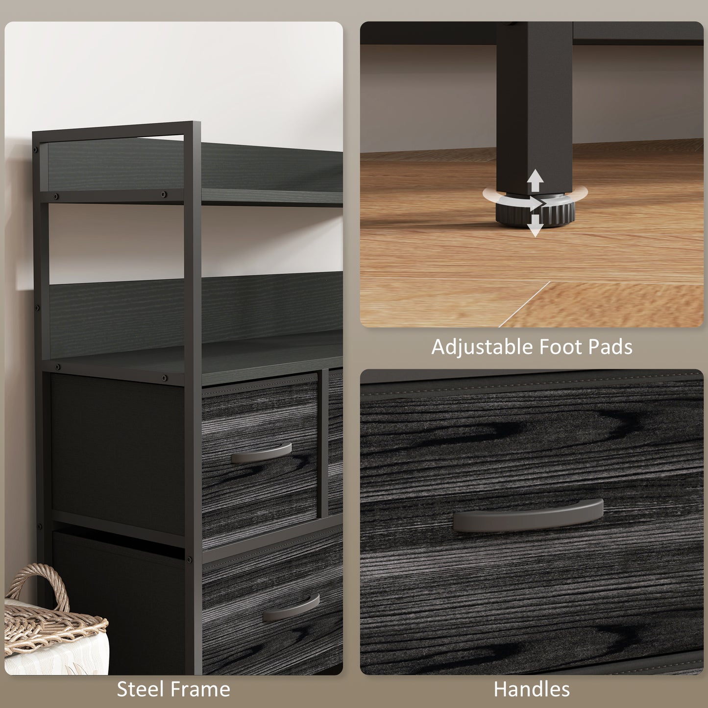 HOMCOM Rustic Chest of Seven Fabric Drawers in Black for Bedroom Storage Solutions