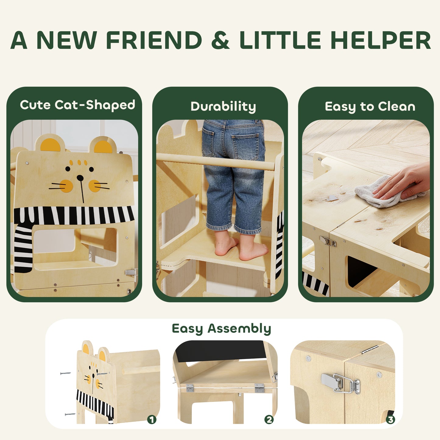 AIYAPLAY Cat Shaped Toddler Step Stool With Chalkboard Standing Tower Three In One Desk Conversion Kitchen Counter