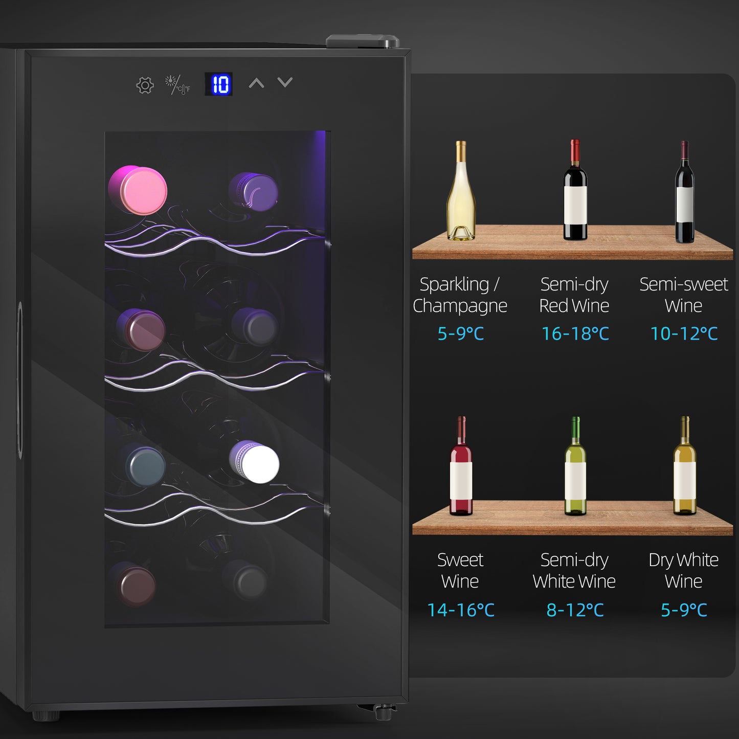 HOMCOM 8 Bottle Tabletop Wine Cooler 17 L Quiet Under Counter Glass Door LED Light Digital Touch Temperature Control