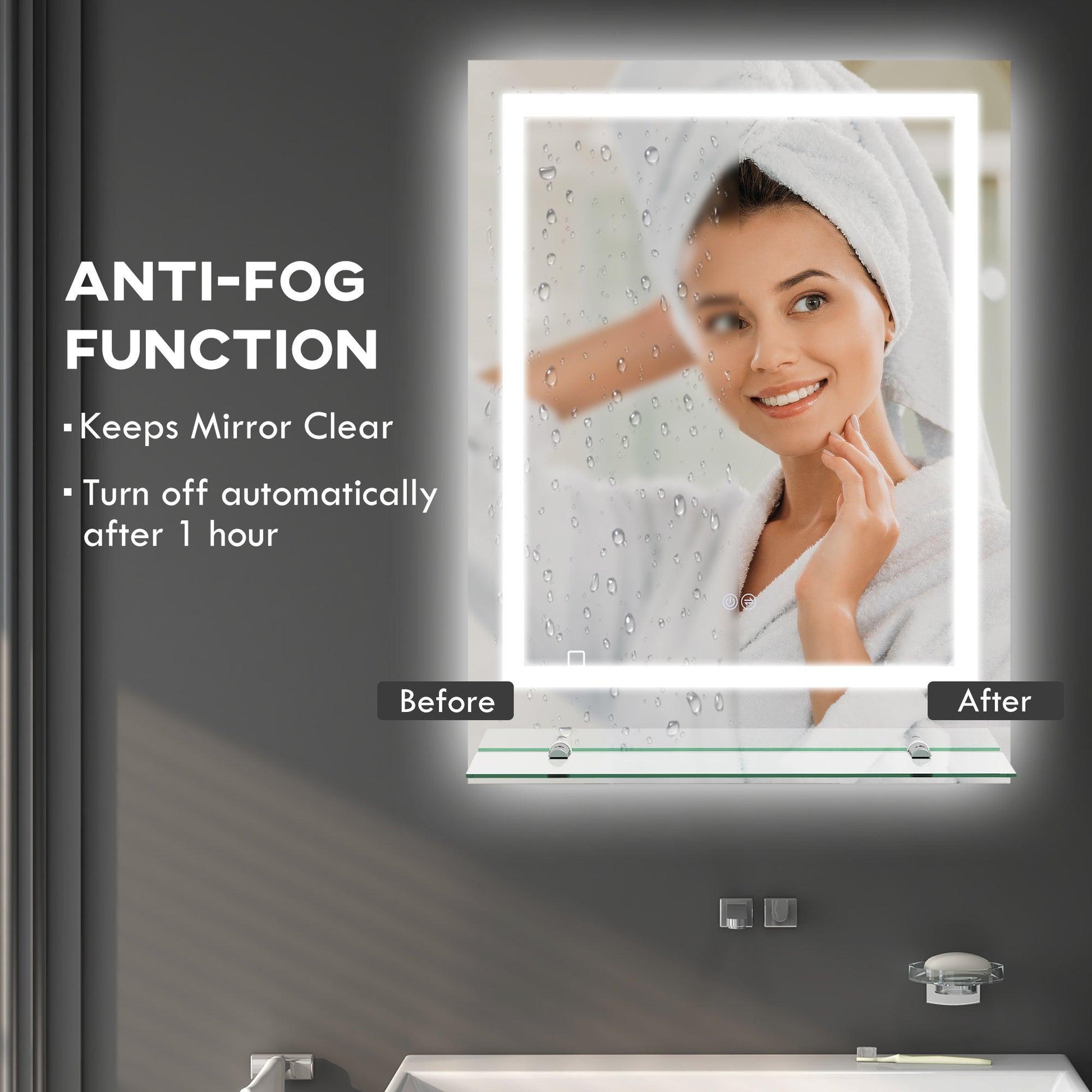 kleankin LED Bathroom Mirror with Lights and Shelf, Illuminated Makeup Mirror, Vanity Mirror with 3 Colour, Smart Touch, Anti-Fog - ALL4U RETAILER LTD