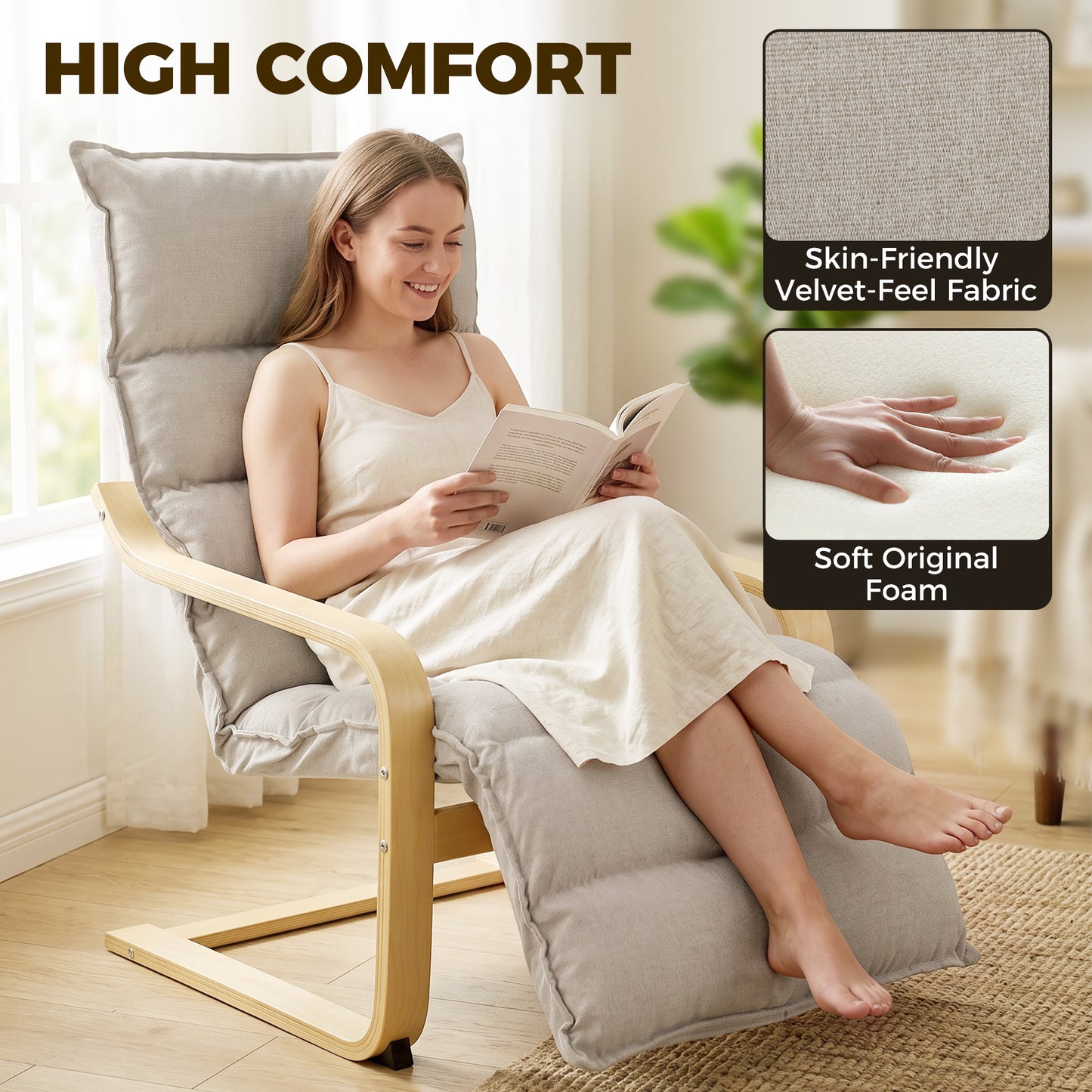 HOMCOM Curved Wooden Accent Armchair With Adjustable Footrest 12cm Padded Seat Velvet Feel Upholstery Light Brown