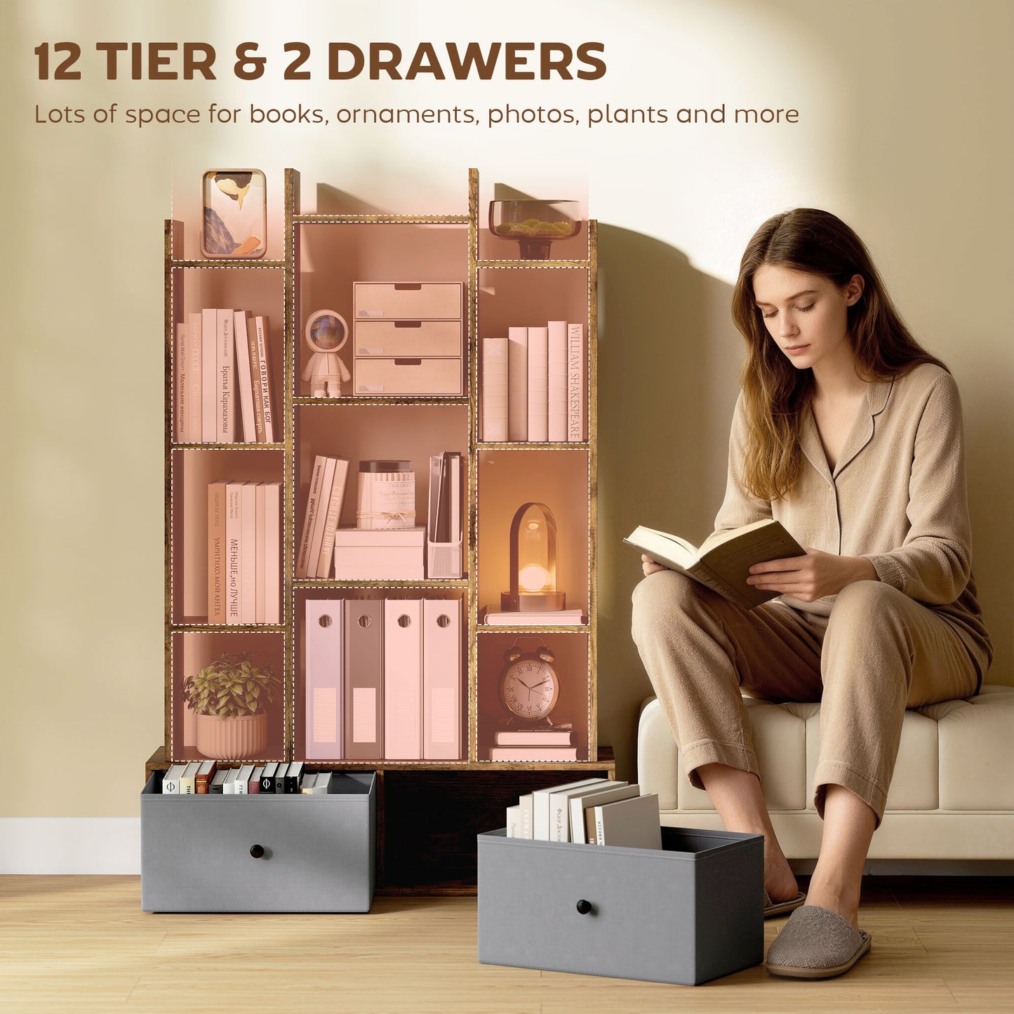 HOMCOM 12 Cubby Storage Unit With Drawers Brown Anti Tip Kit Sturdy Base Tree Bookcase