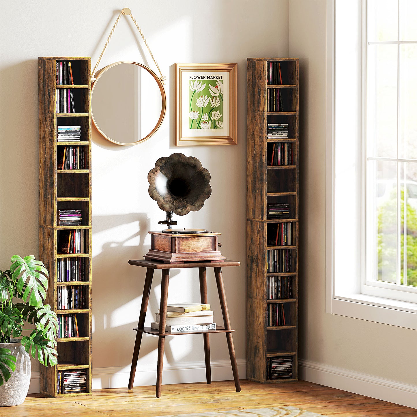 HOMCOM 12 Tier CD Storage Tower Tall Narrow Rustic Brown Media Organizer Anti tipping Design Holds 204 CDs