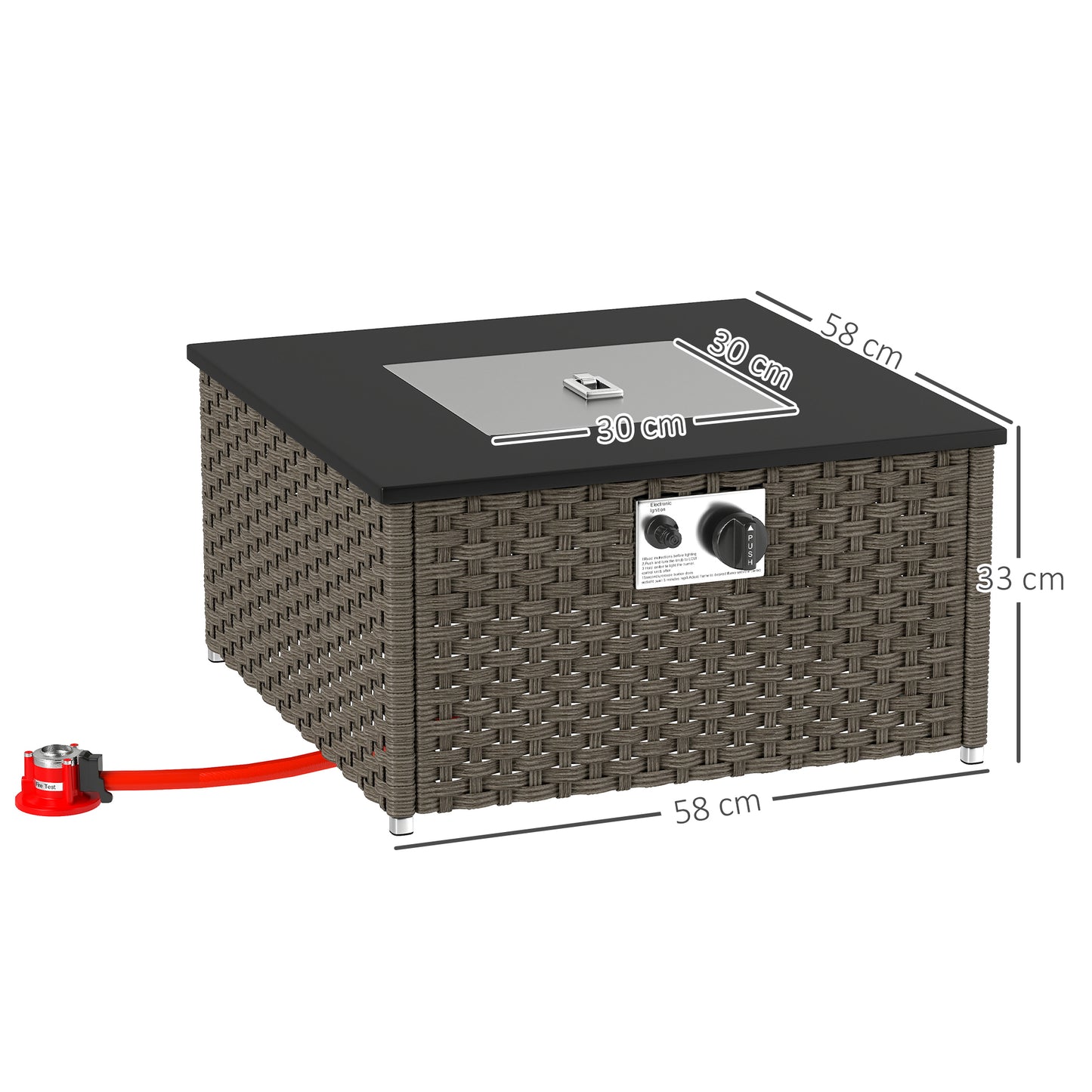 Outsunny Rattan Gas Fire Pit Table for Garden Square 58x58 cm with Lid 13 KW Smokeless Propane Patio Heater Grey