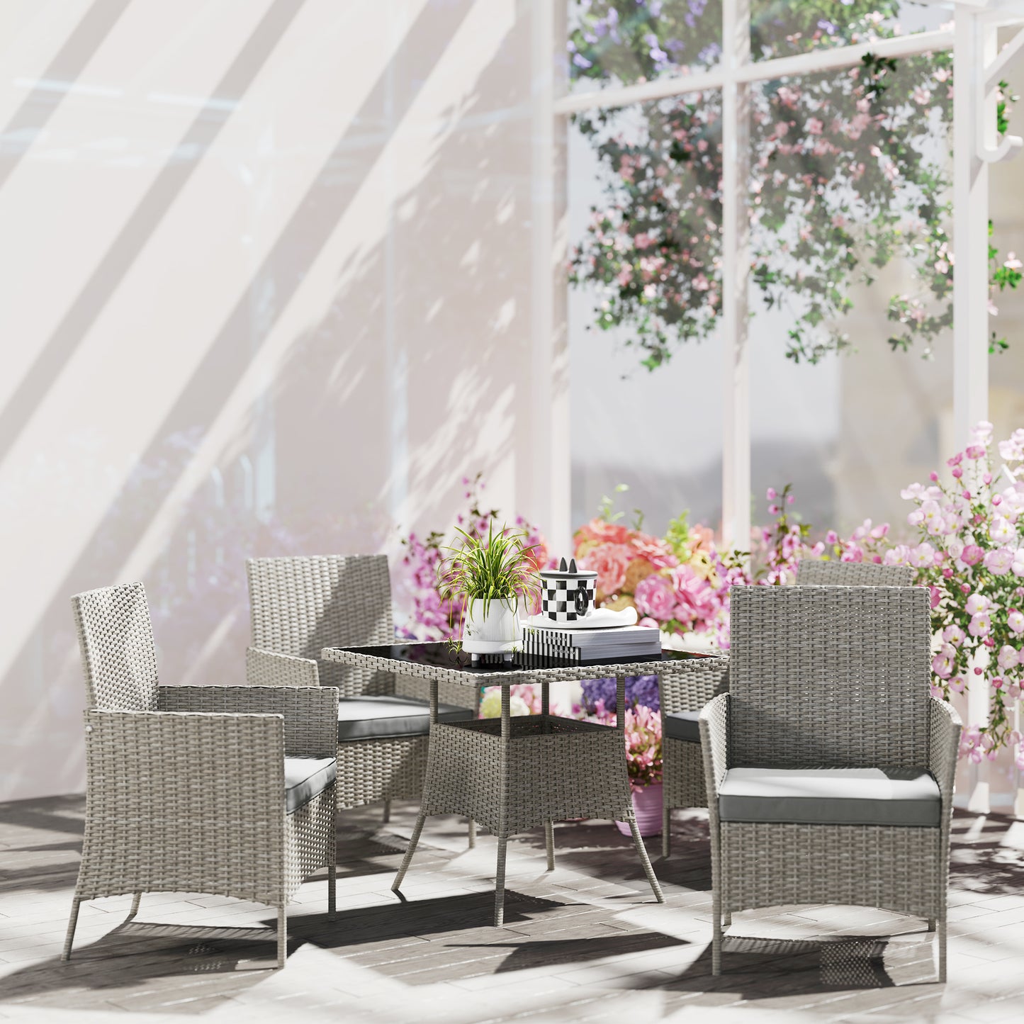 Outsunny Five Piece Rattan Dining Set Light Grey Four Chairs With Glass Table And Cushions