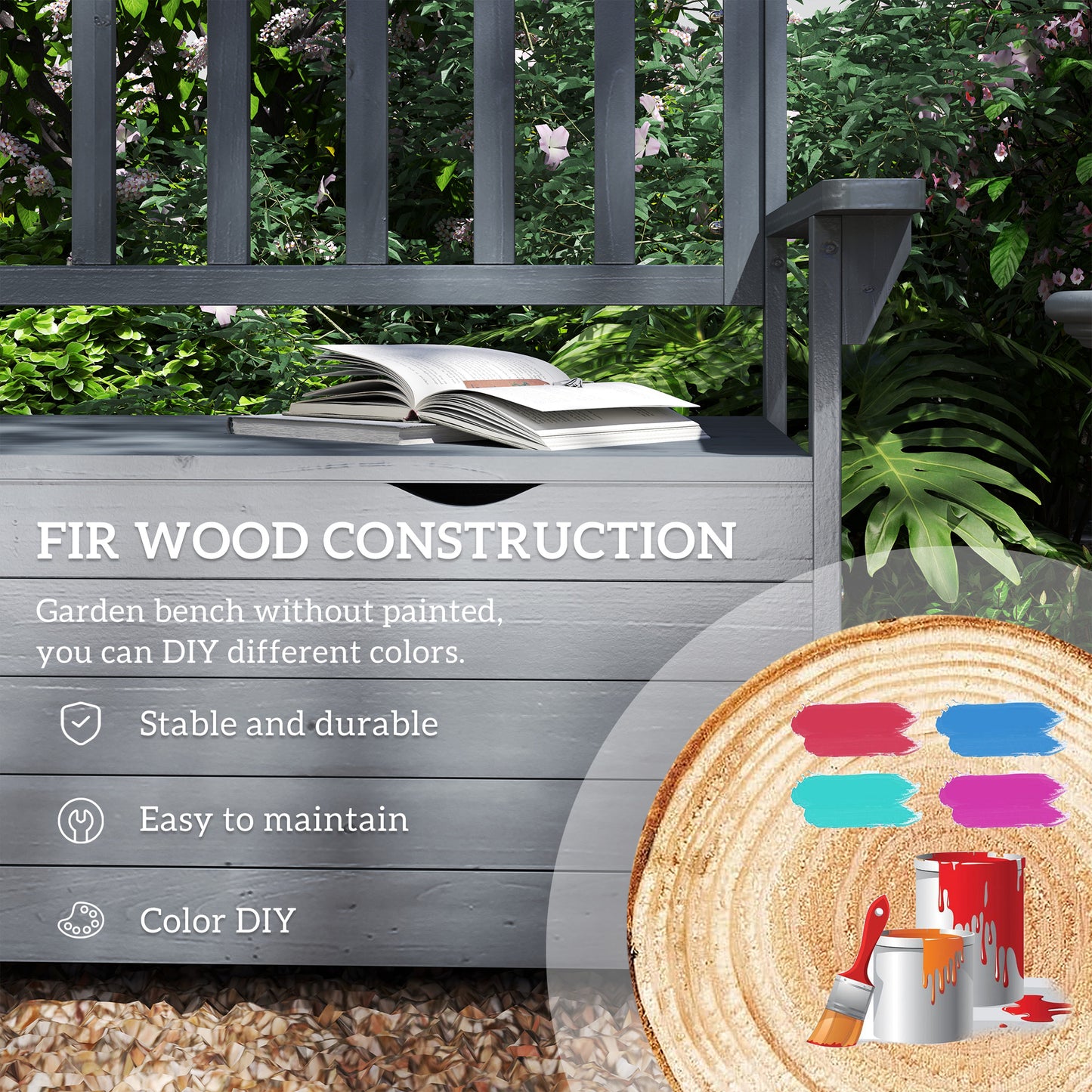 Outsunny Two Seater Garden Storage Bench Built From Fir Wood With Hidden Tool Storage Grey