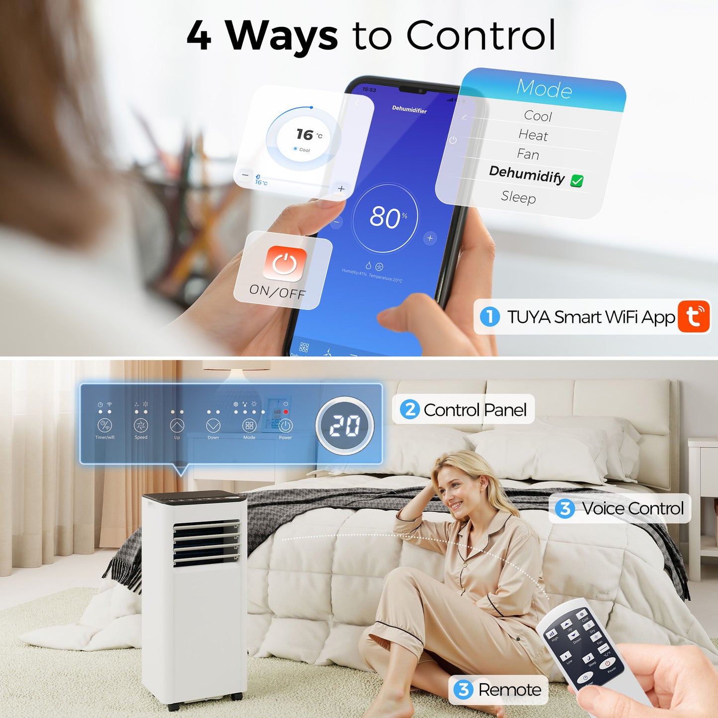 HOMCOM 9000 BTU Portable Air Conditioner 4 In 1 Unit Cooling Dehumidifier Fan Sleep Mode With WiFi Remote Control