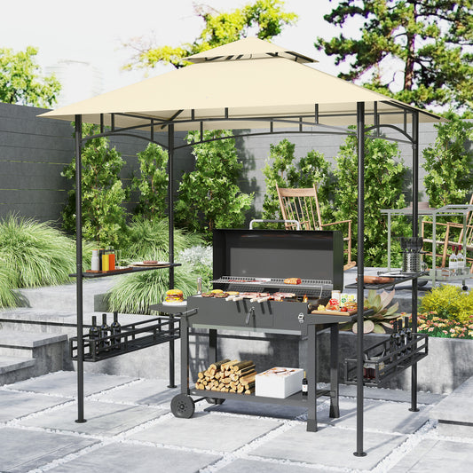 Outsunny 8x5 Outdoor Grill Gazebo Canopy With Double Tier Two Side Shelves Storage Baskets Beige